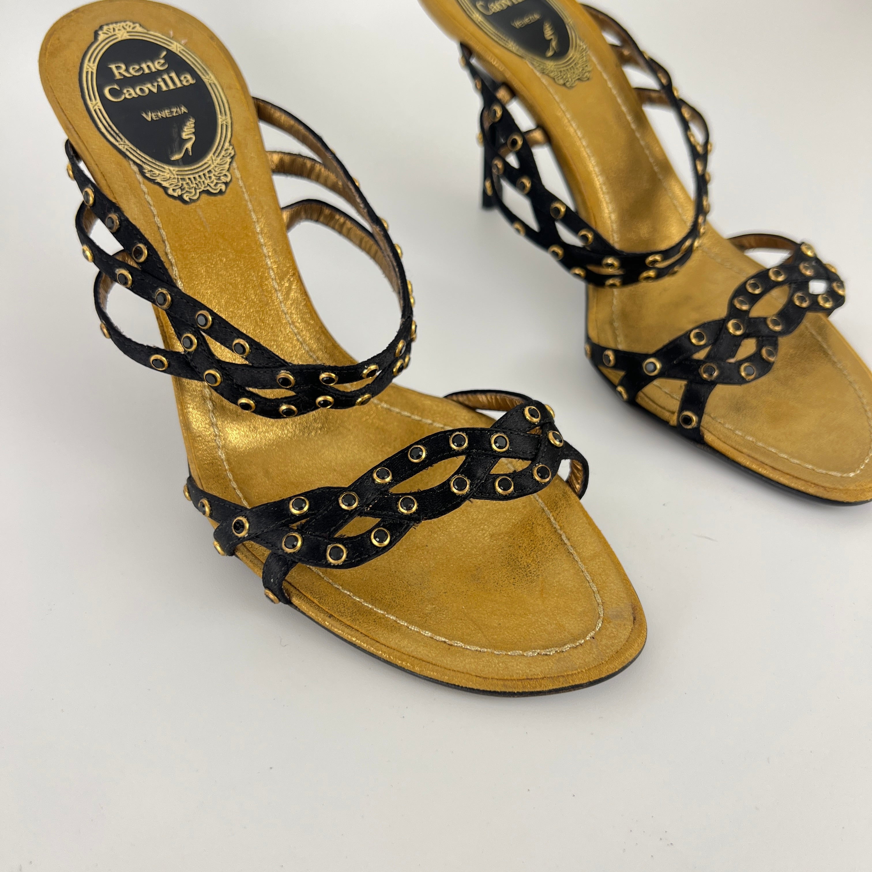 Rene Caovilla | Vintage Black Leather Rhinestone Strappy Sandal Mule (36)