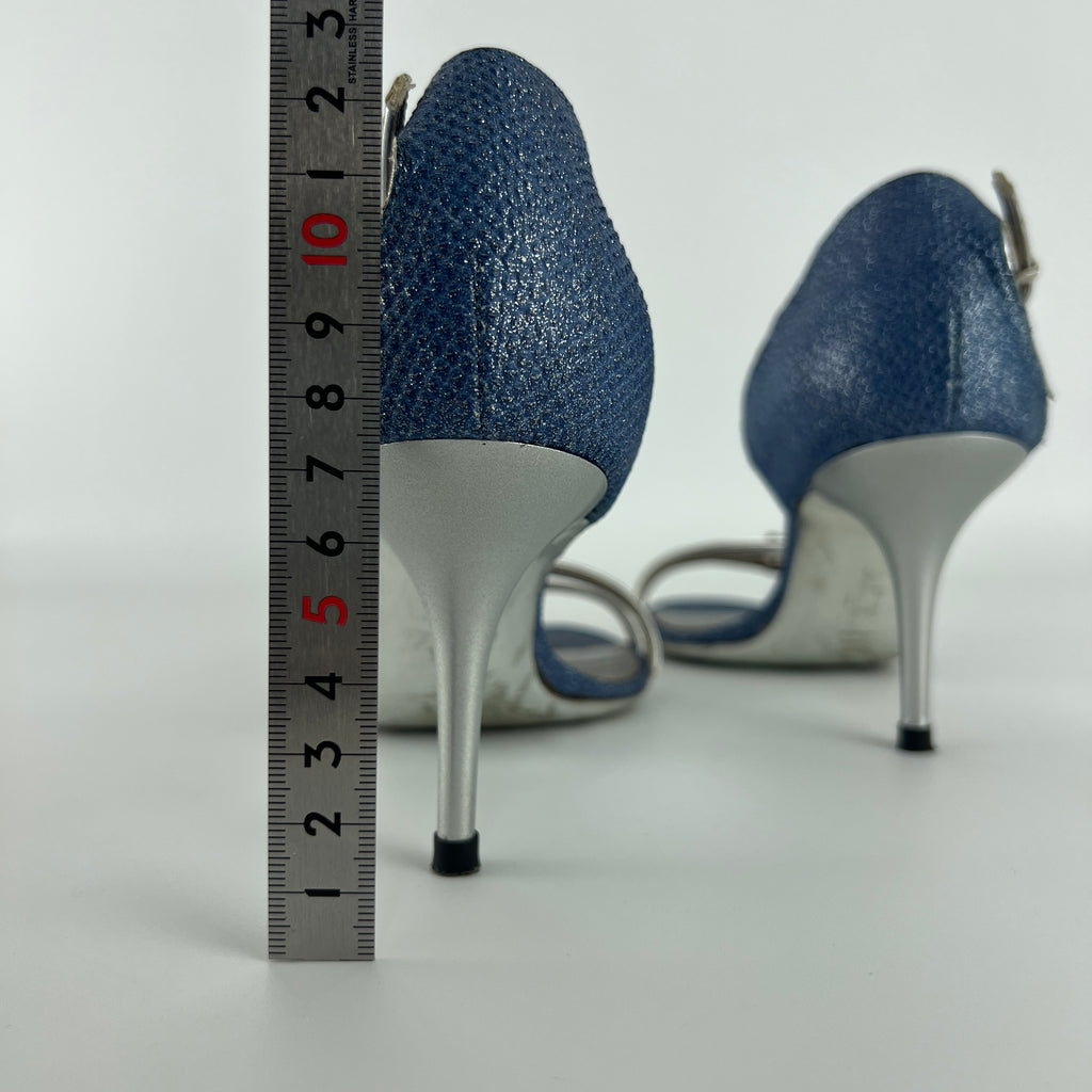 Ferragamo | Blue Silver "Denim" Exotic Leather Dainty Buckles Strappy Heel (7C)