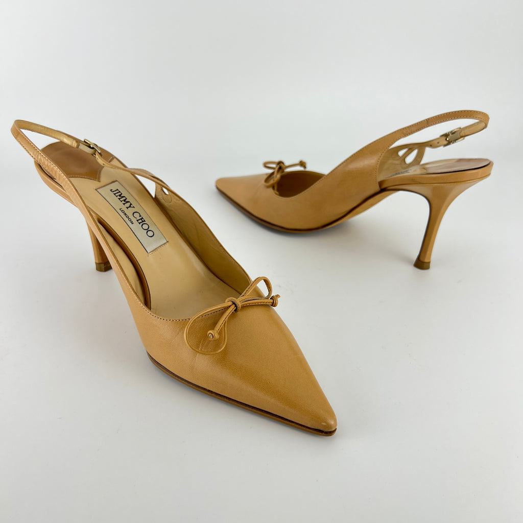 Jimmy Choo | Nude Leather Bow Pointed Toe Slingback Pumps (39)