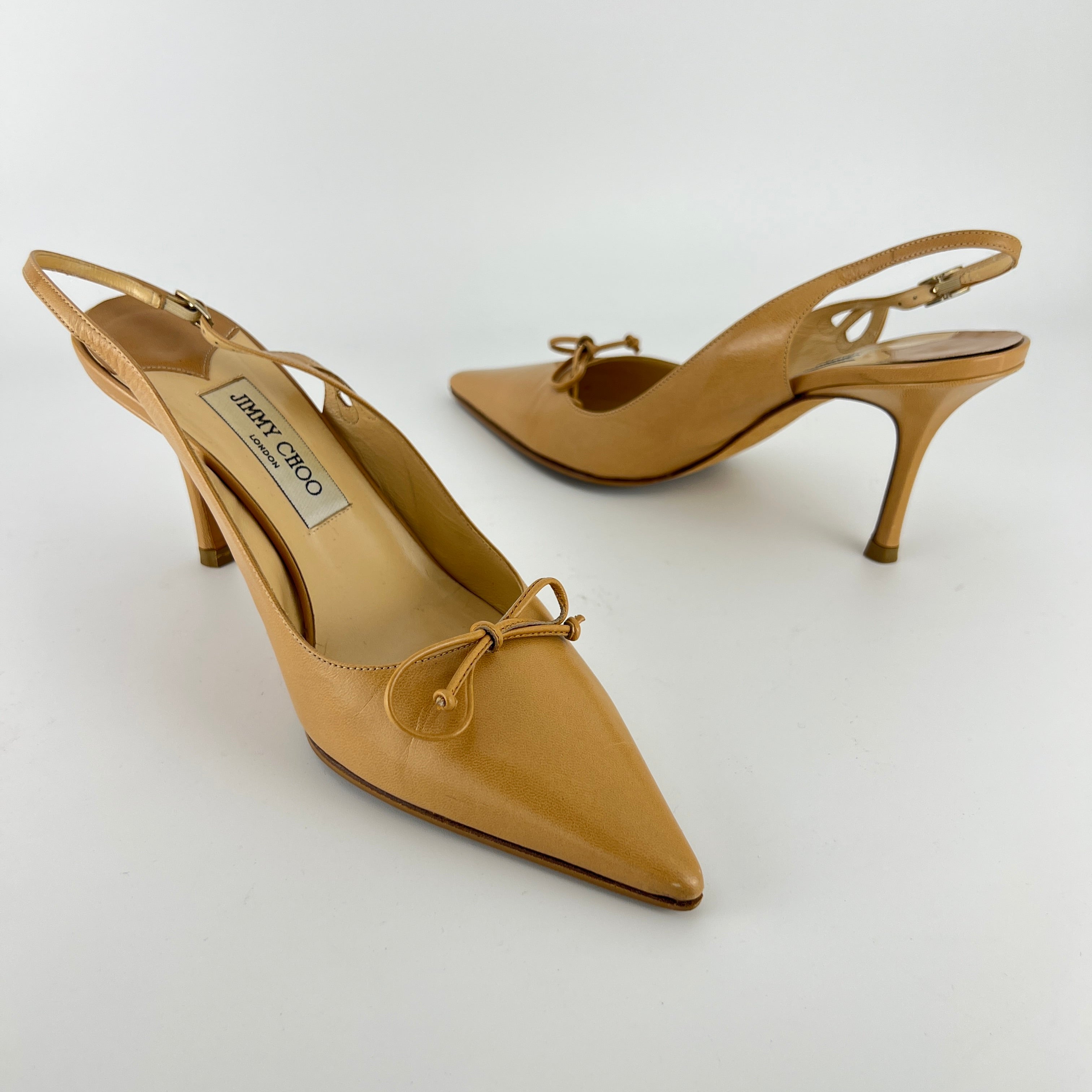 Jimmy Choo | Nude Leather Bow Pointed Toe Slingback Pumps (39)