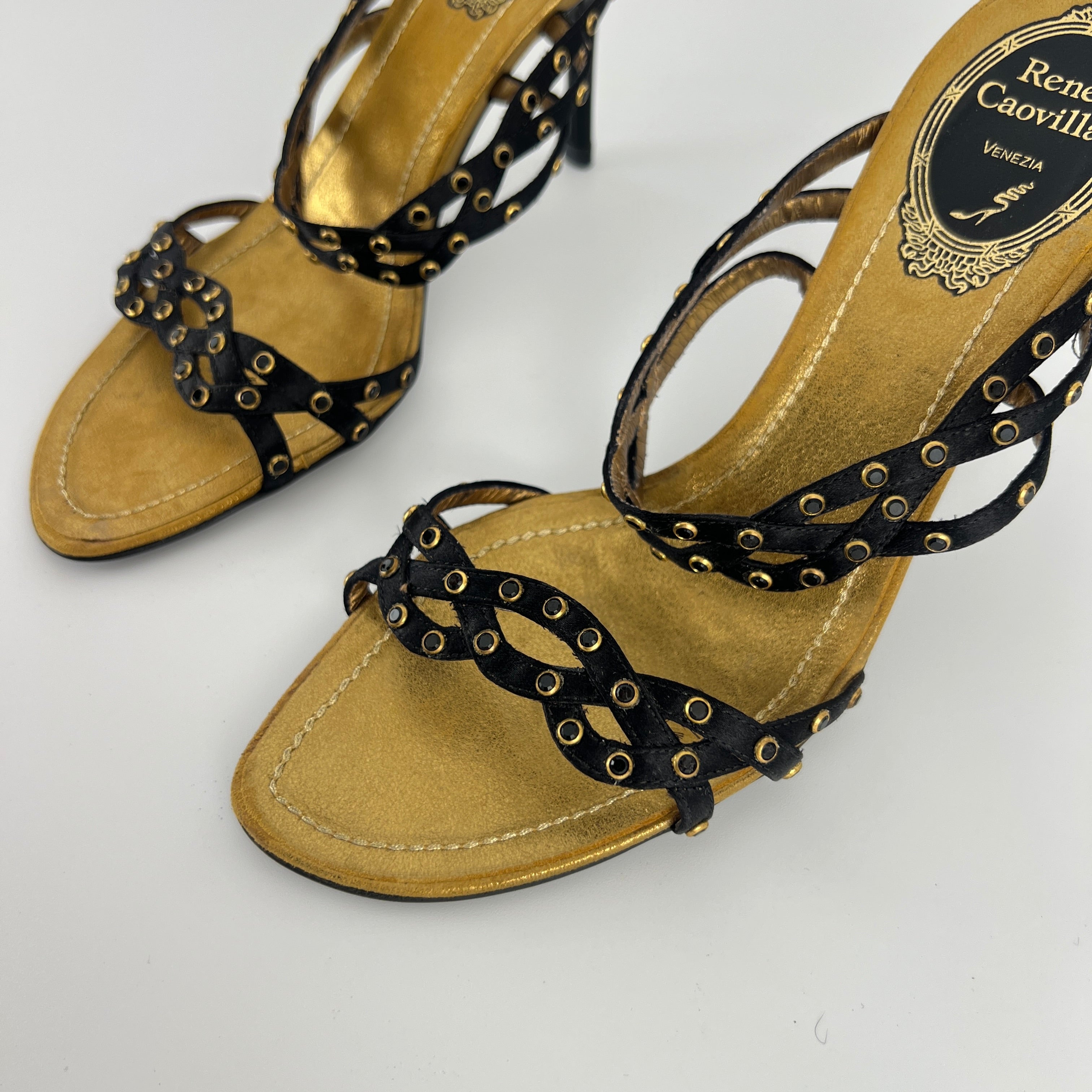 Rene Caovilla | Vintage Black Leather Rhinestone Strappy Sandal Mule (36)