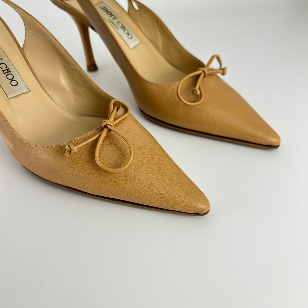 Jimmy Choo | Nude Leather Bow Pointed Toe Slingback Pumps (39)