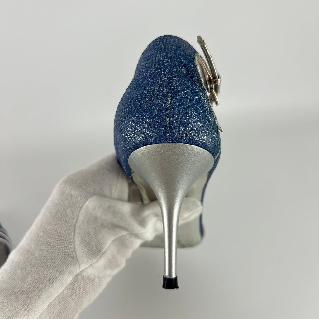 Ferragamo | Blue Silver "Denim" Exotic Leather Dainty Buckles Strappy Heel (7C)