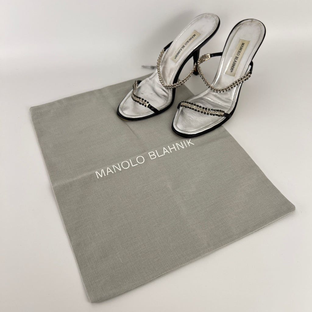 Manolo Blahnik | Black Leather Crystal Embellished Strappy Sandal Heels (38)