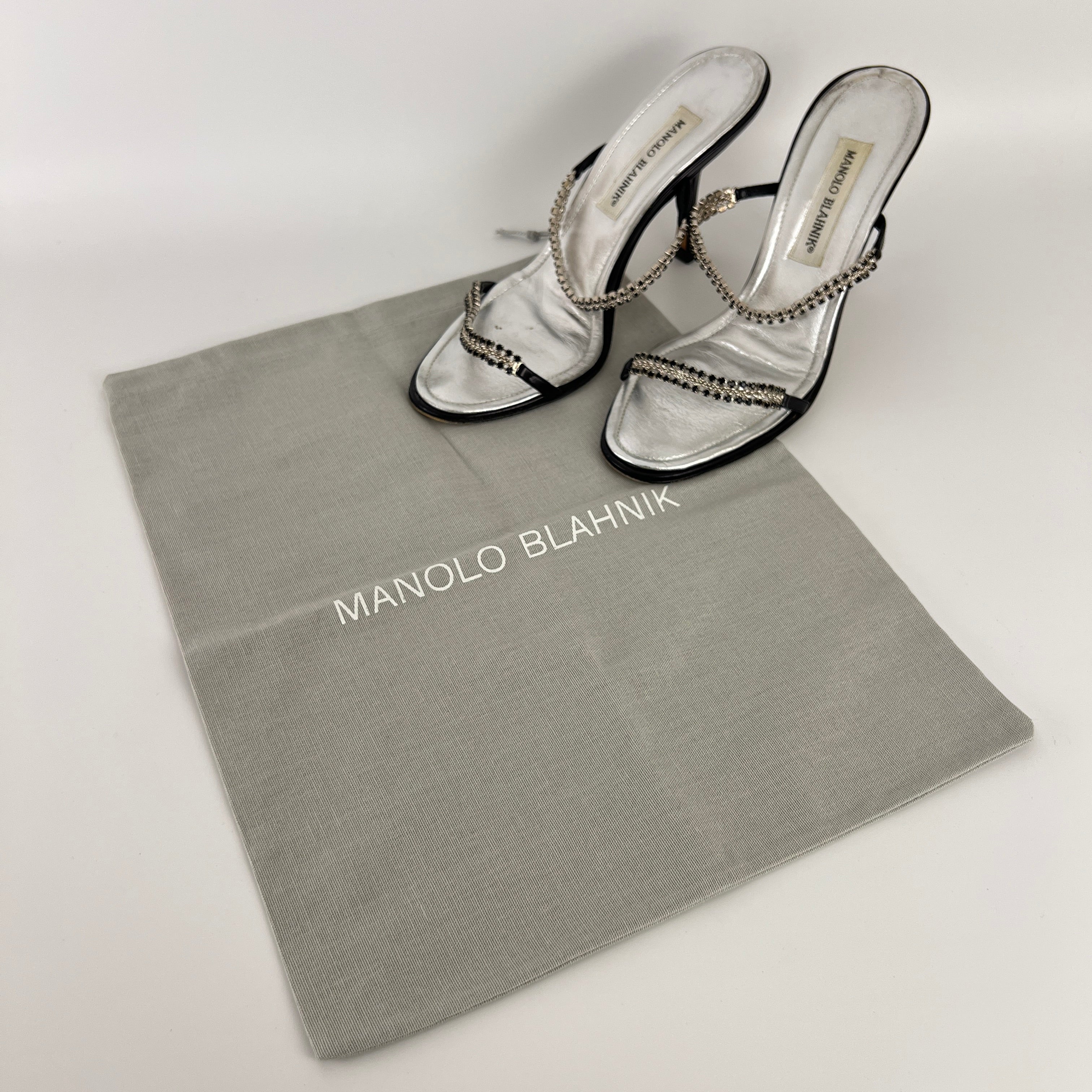 Manolo Blahnik | Black Leather Crystal Embellished Strappy Sandal Heels (38)