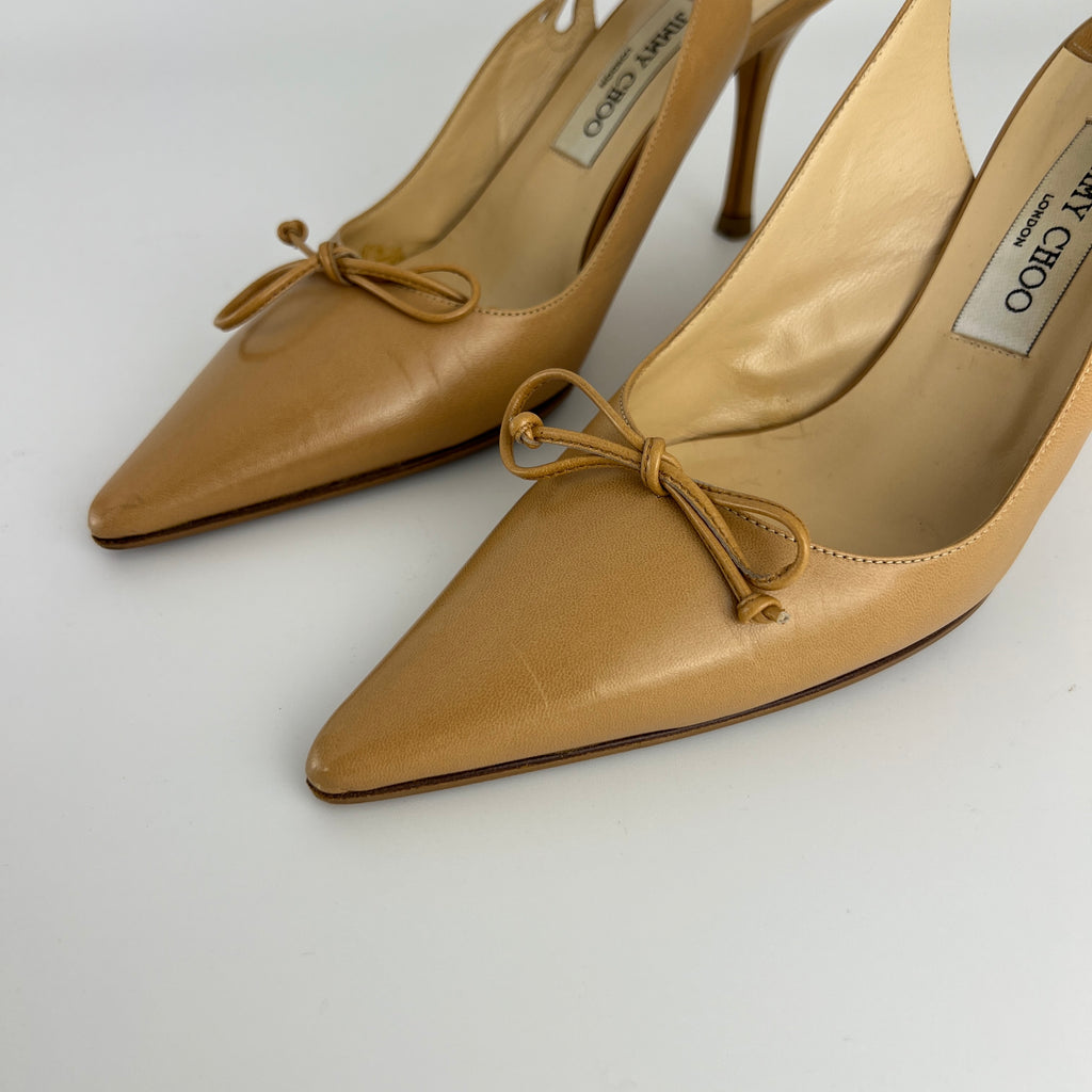 Jimmy Choo | Nude Leather Bow Pointed Toe Slingback Pumps (39)
