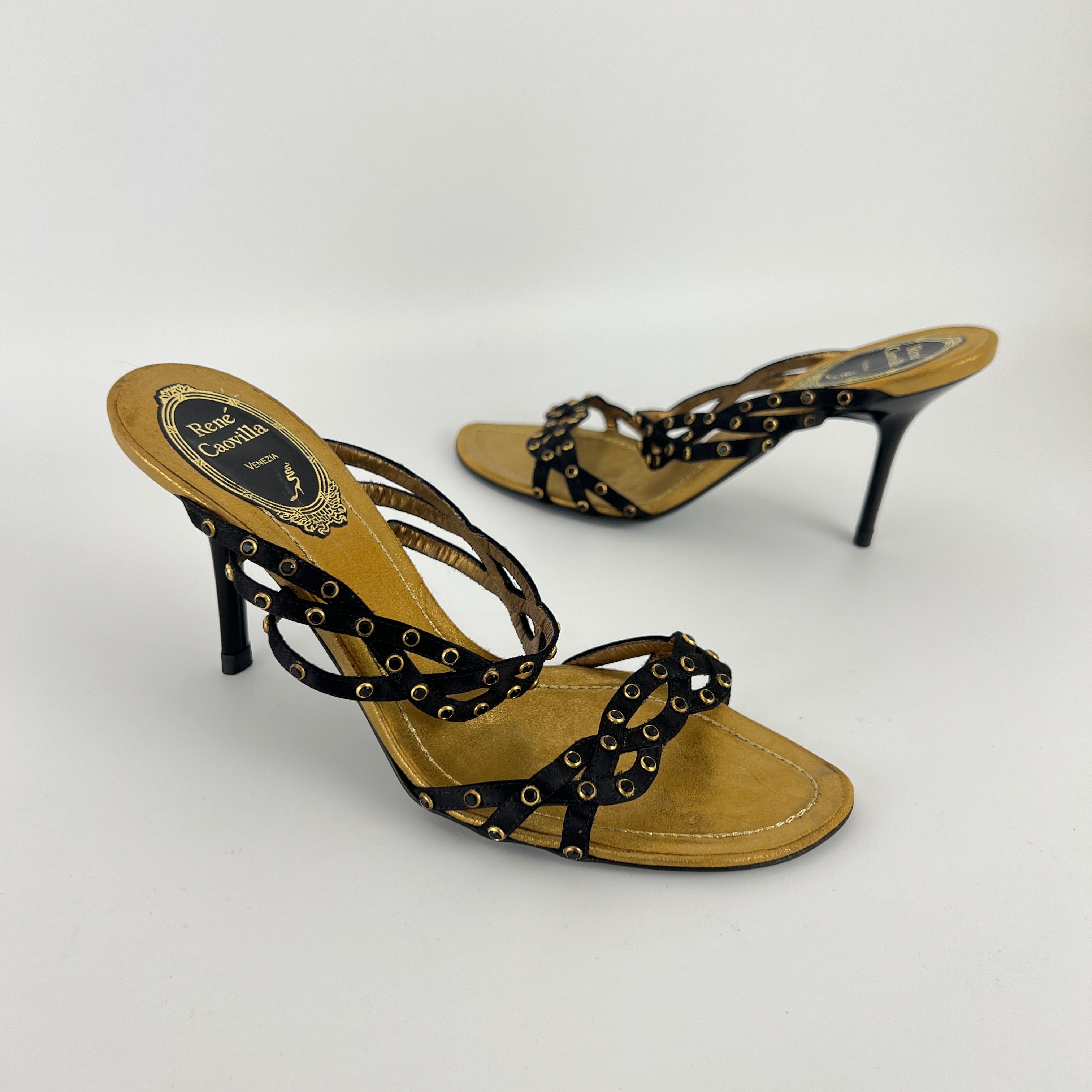 Rene Caovilla | Vintage Black Leather Rhinestone Strappy Sandal Mule (36)