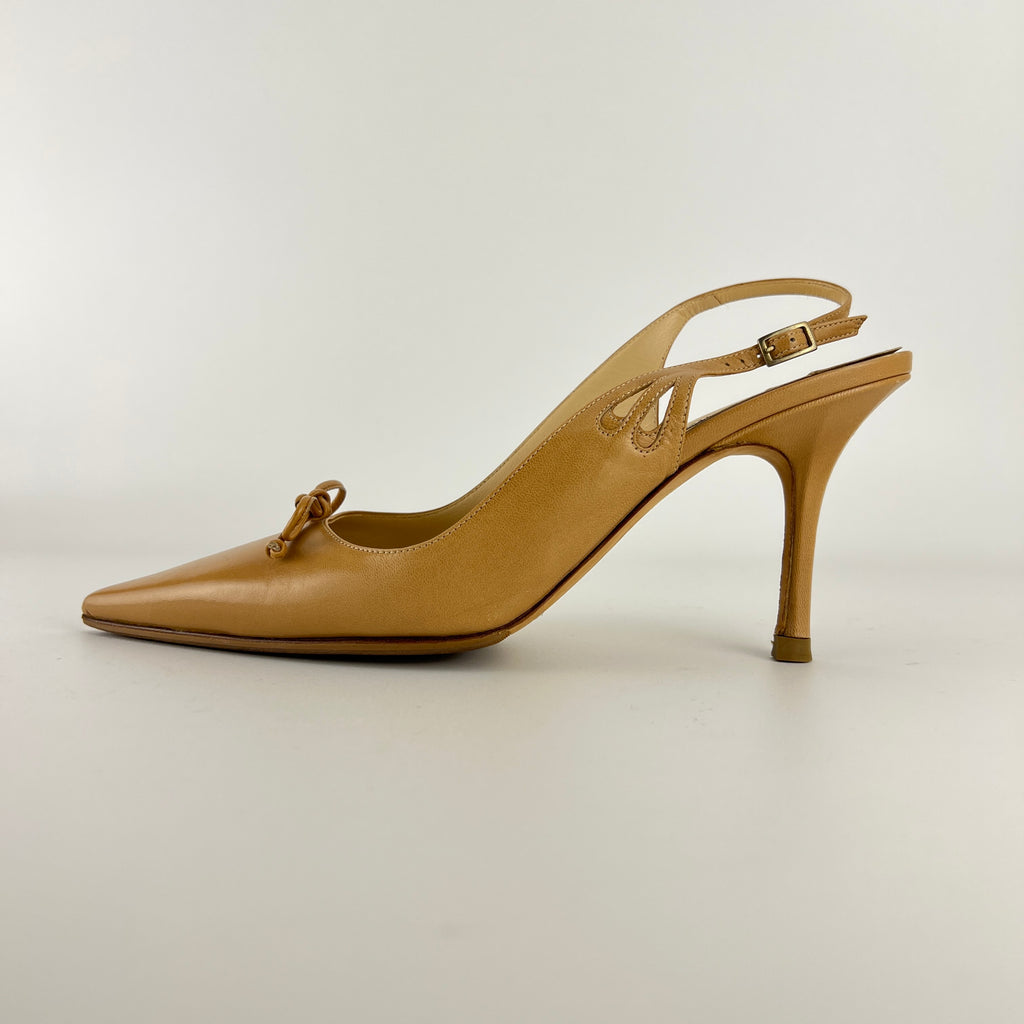 Jimmy Choo | Nude Leather Bow Pointed Toe Slingback Pumps (39)