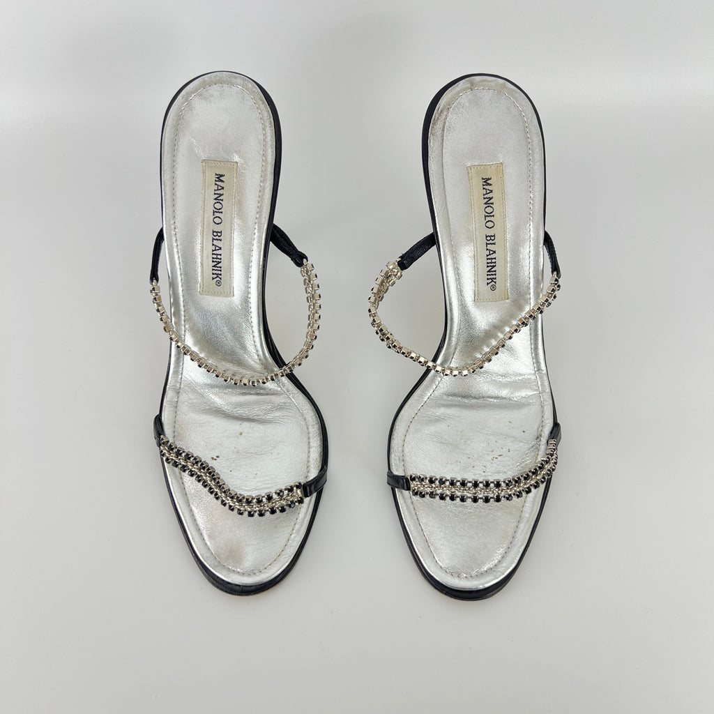 Manolo Blahnik | Black Leather Crystal Embellished Strappy Sandal Heels (38)