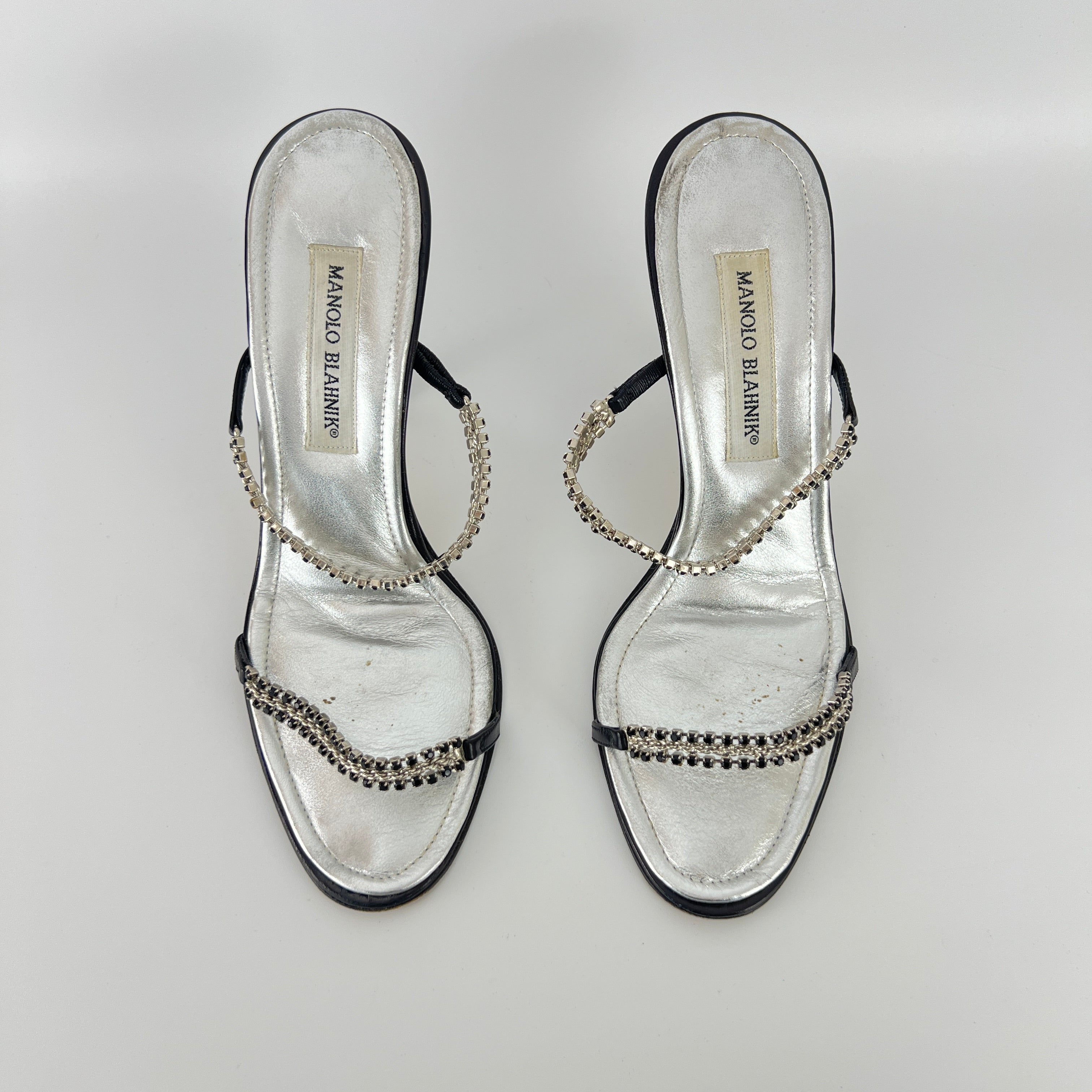 Manolo Blahnik | Black Leather Crystal Embellished Strappy Sandal Heels (38)