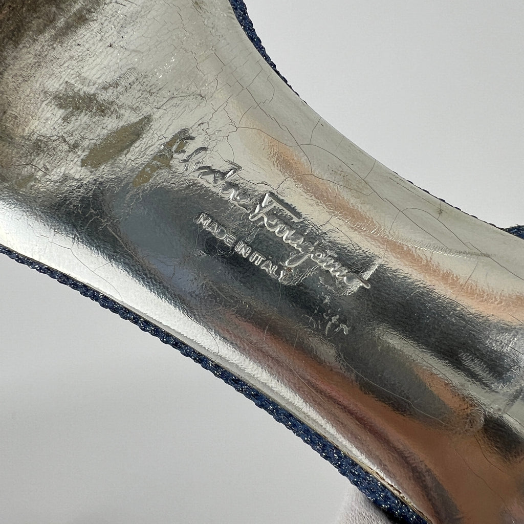 Ferragamo | Blue Silver "Denim" Exotic Leather Dainty Buckles Strappy Heel (7C)