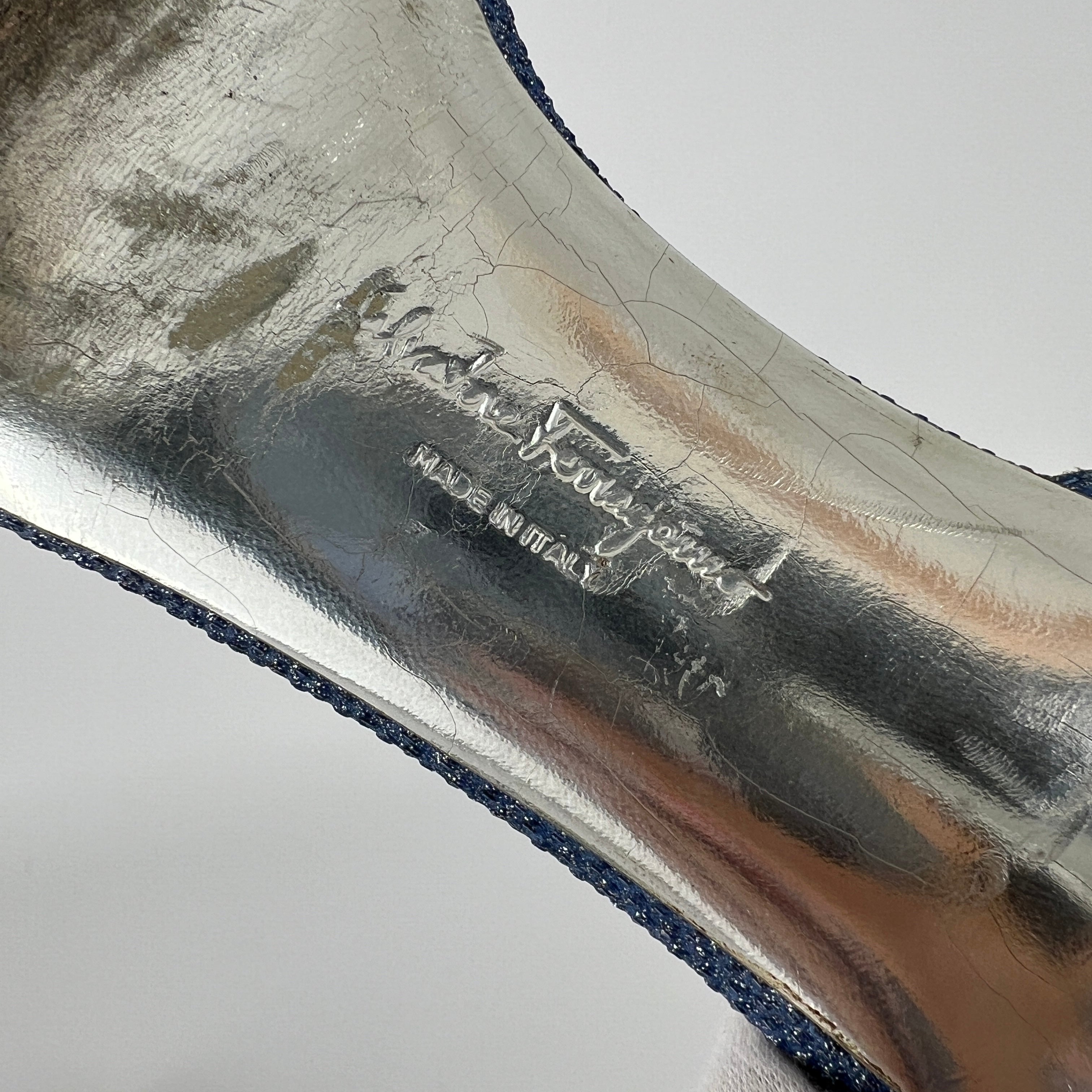 Ferragamo | Blue Silver "Denim" Exotic Leather Dainty Buckles Strappy Heel (7C)