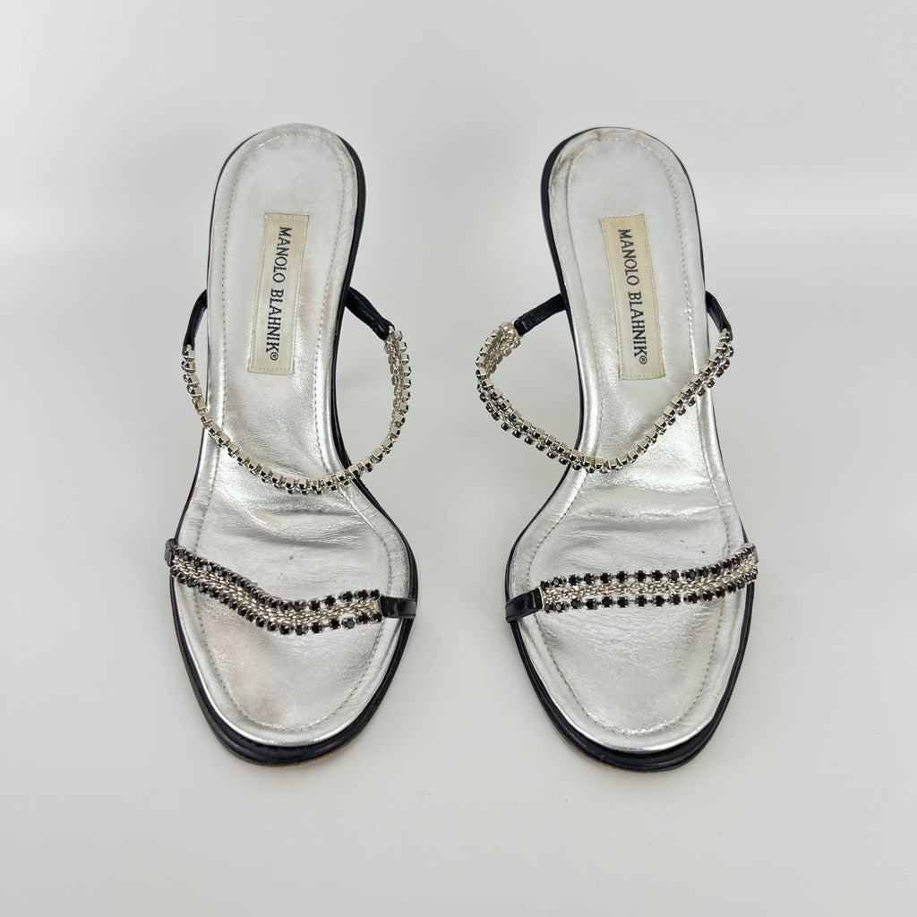 Manolo Blahnik | Black Leather Crystal Embellished Strappy Sandal Heels (38)