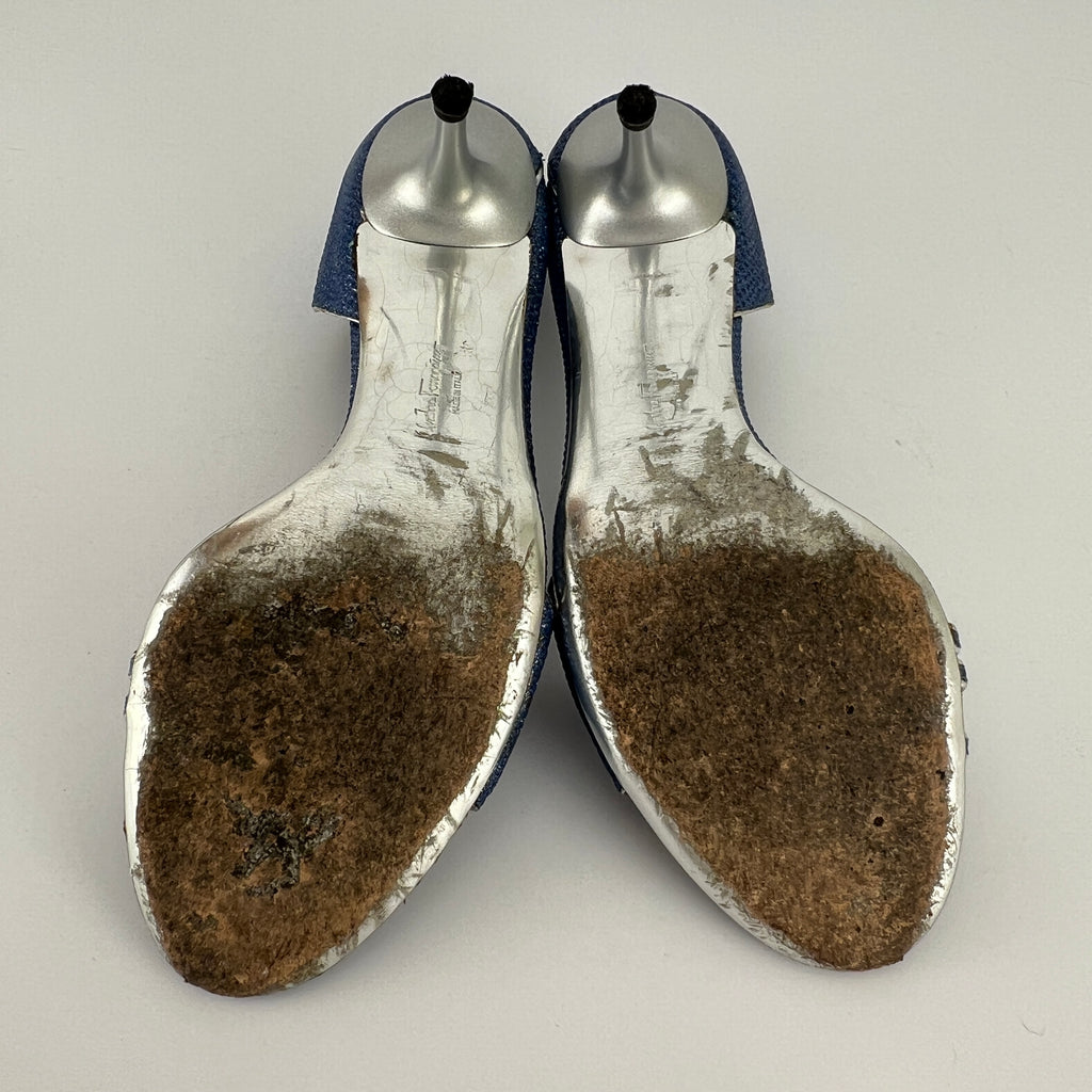Ferragamo | Blue Silver "Denim" Exotic Leather Dainty Buckles Strappy Heel (7C)