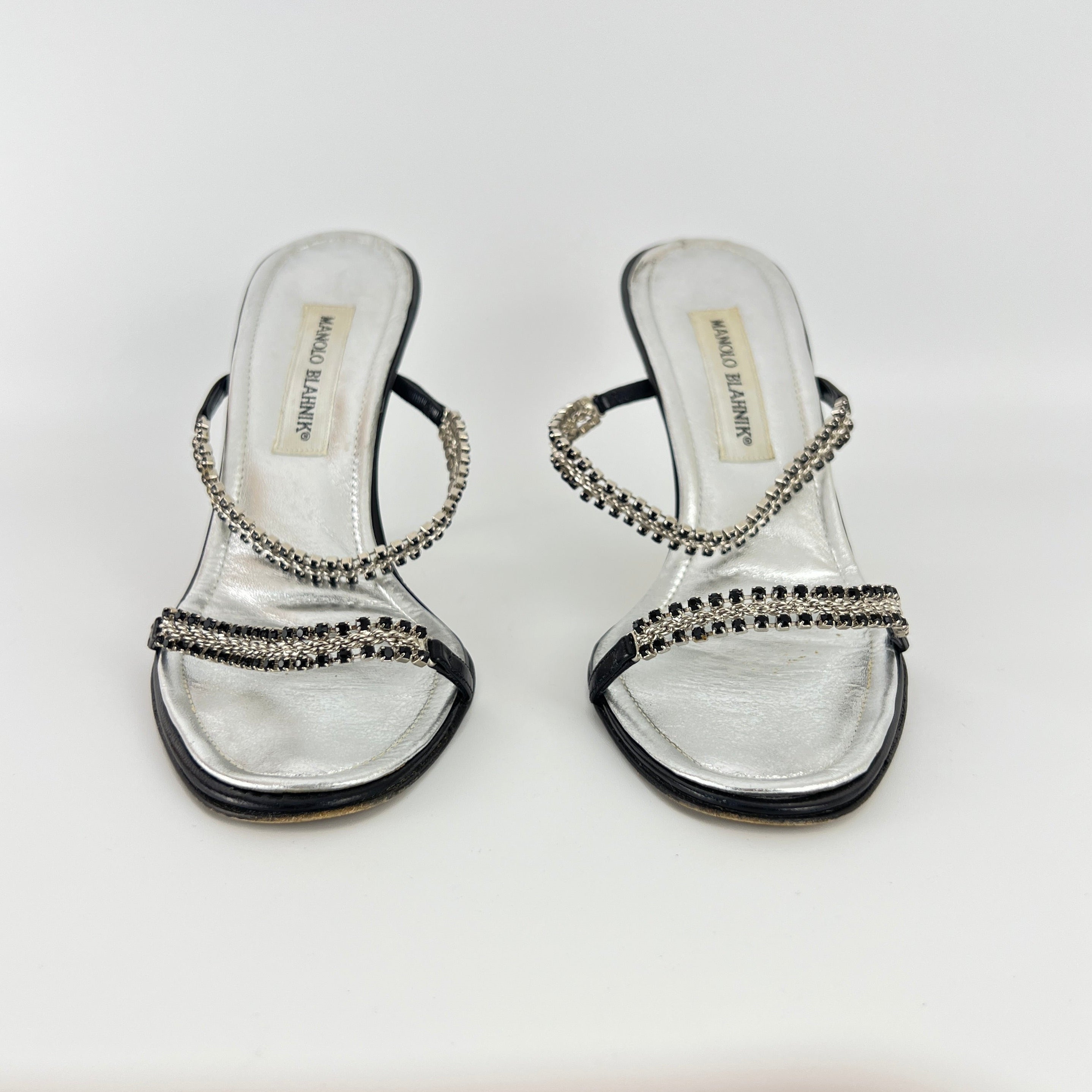 Manolo Blahnik | Black Leather Crystal Embellished Strappy Sandal Heels (38)