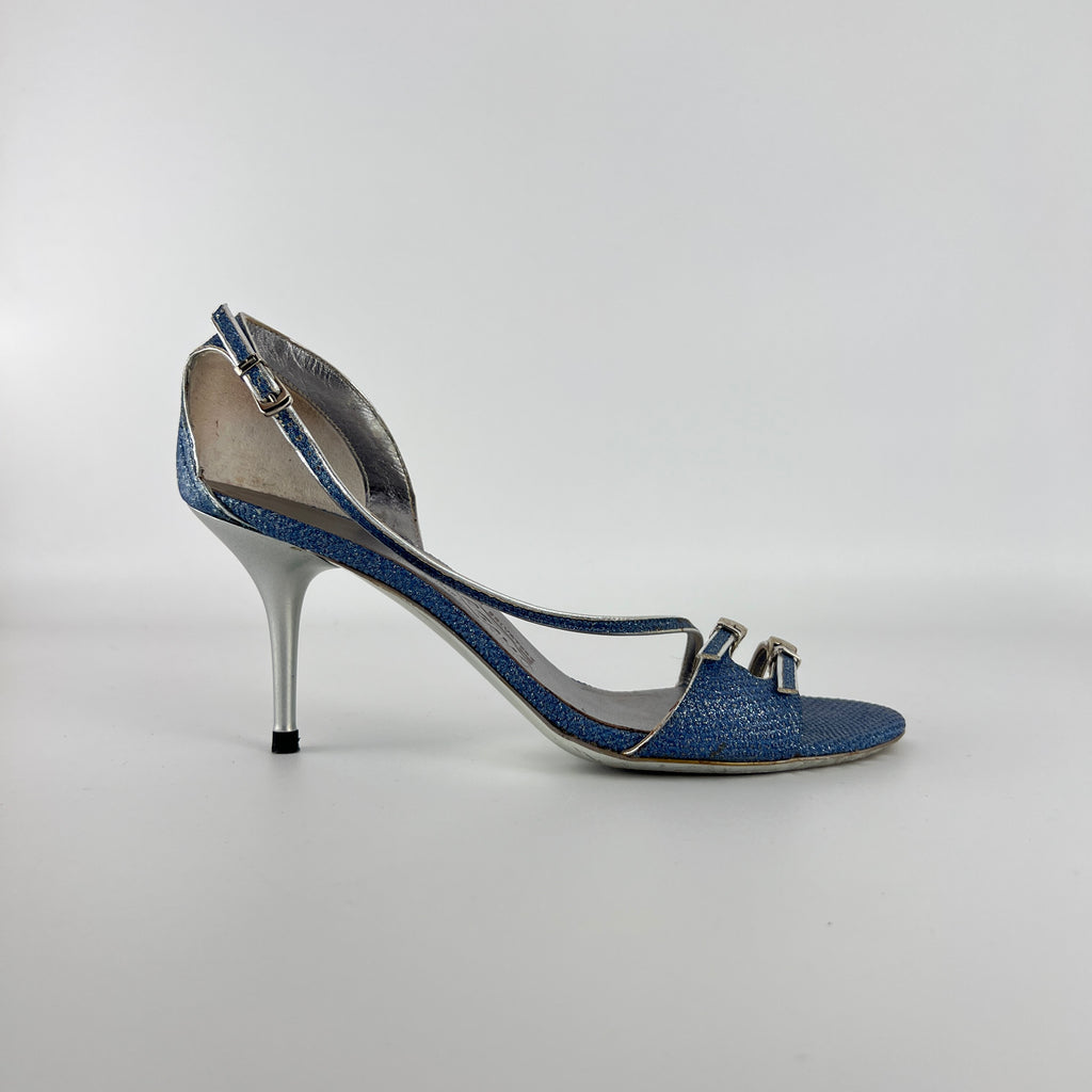 Ferragamo | Blue Silver "Denim" Exotic Leather Dainty Buckles Strappy Heel (7C)