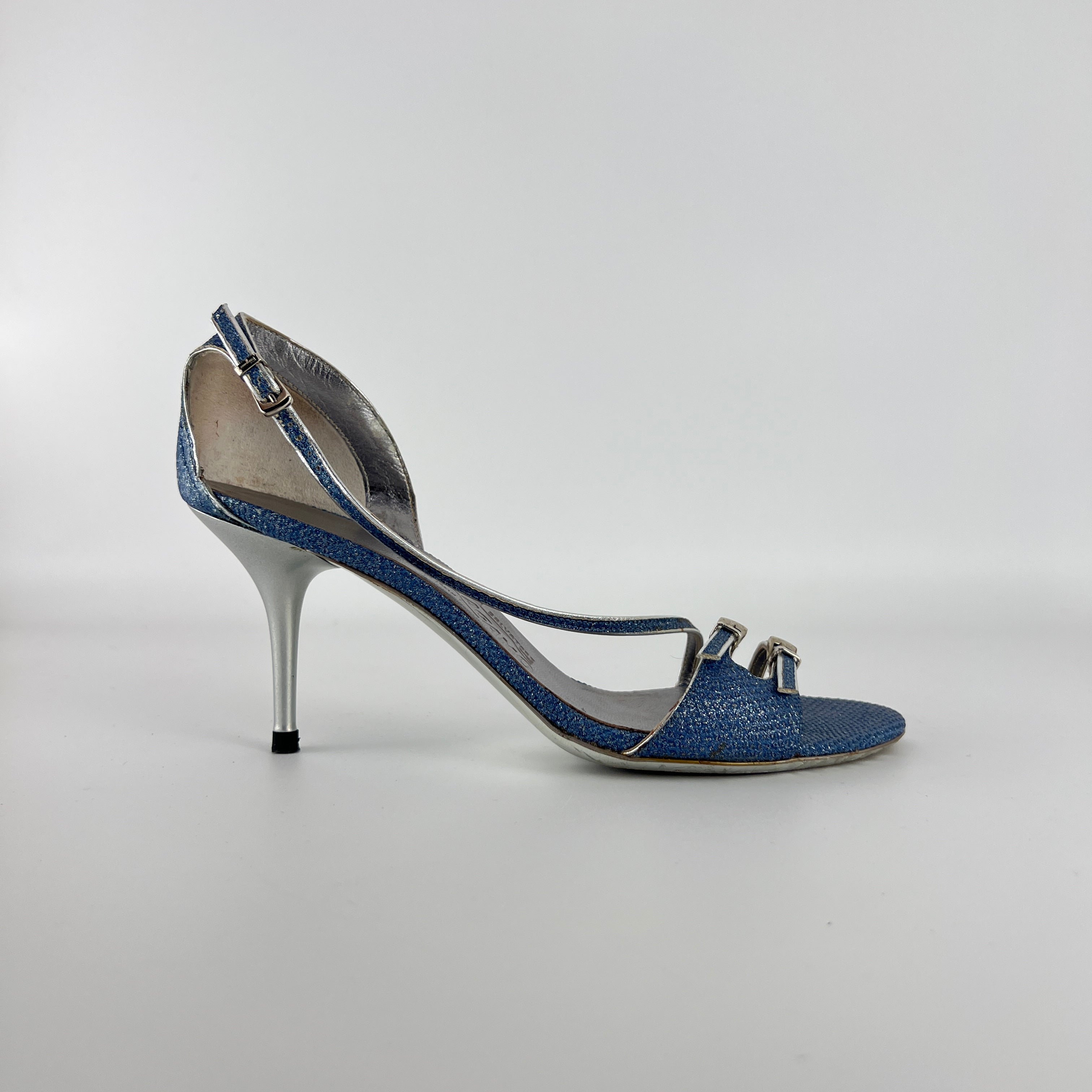 Ferragamo | Blue Silver "Denim" Exotic Leather Dainty Buckles Strappy Heel (7C)