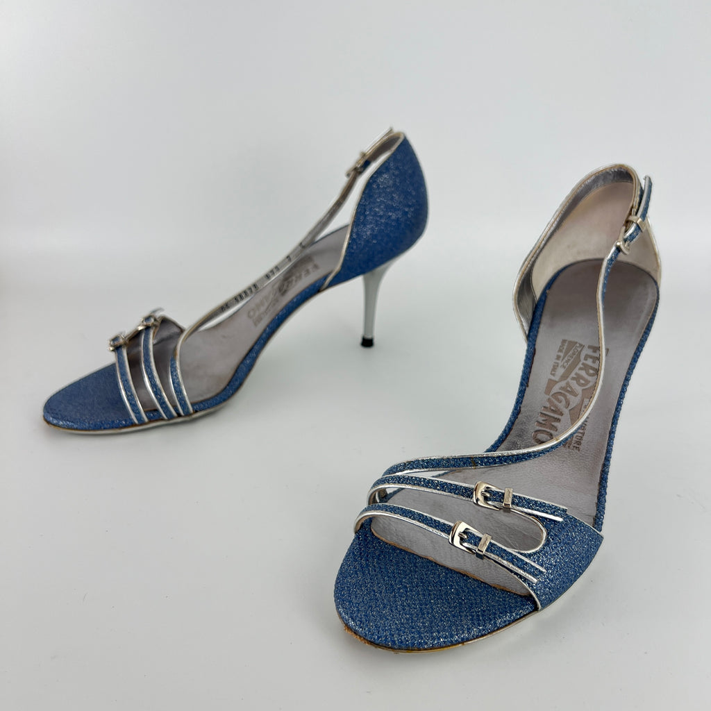 Ferragamo | Blue Silver "Denim" Exotic Leather Dainty Buckles Strappy Heel (7C)