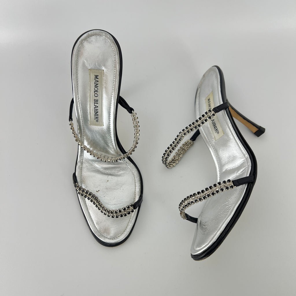 Manolo Blahnik | Black Leather Crystal Embellished Strappy Sandal Heels (38)