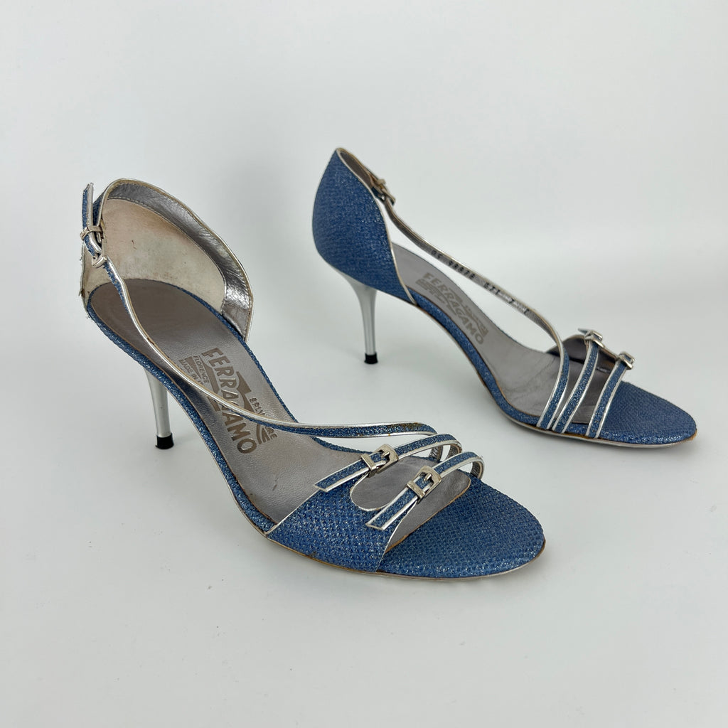 Ferragamo | Blue Silver "Denim" Exotic Leather Dainty Buckles Strappy Heel (7C)