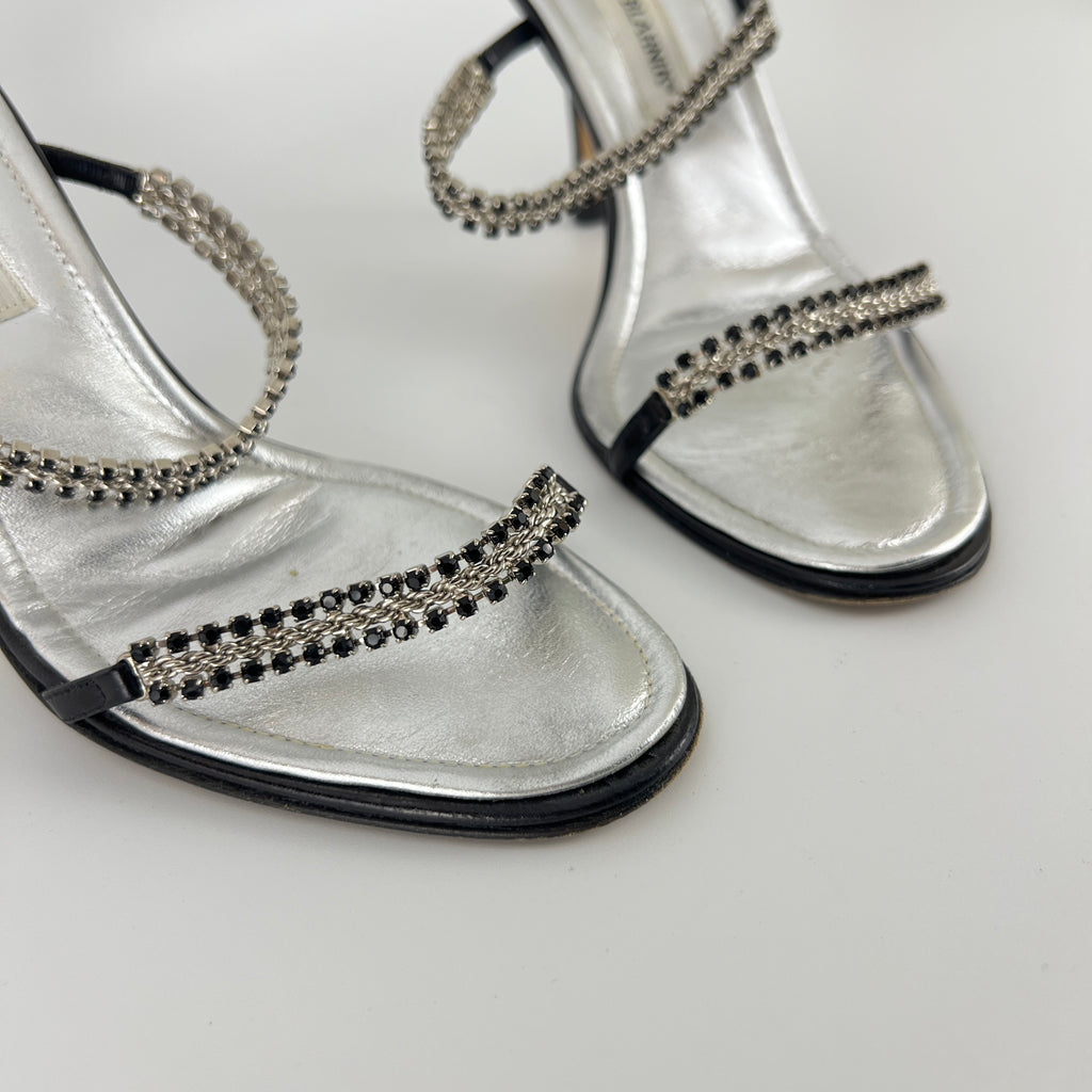 Manolo Blahnik | Black Leather Crystal Embellished Strappy Sandal Heels (38)