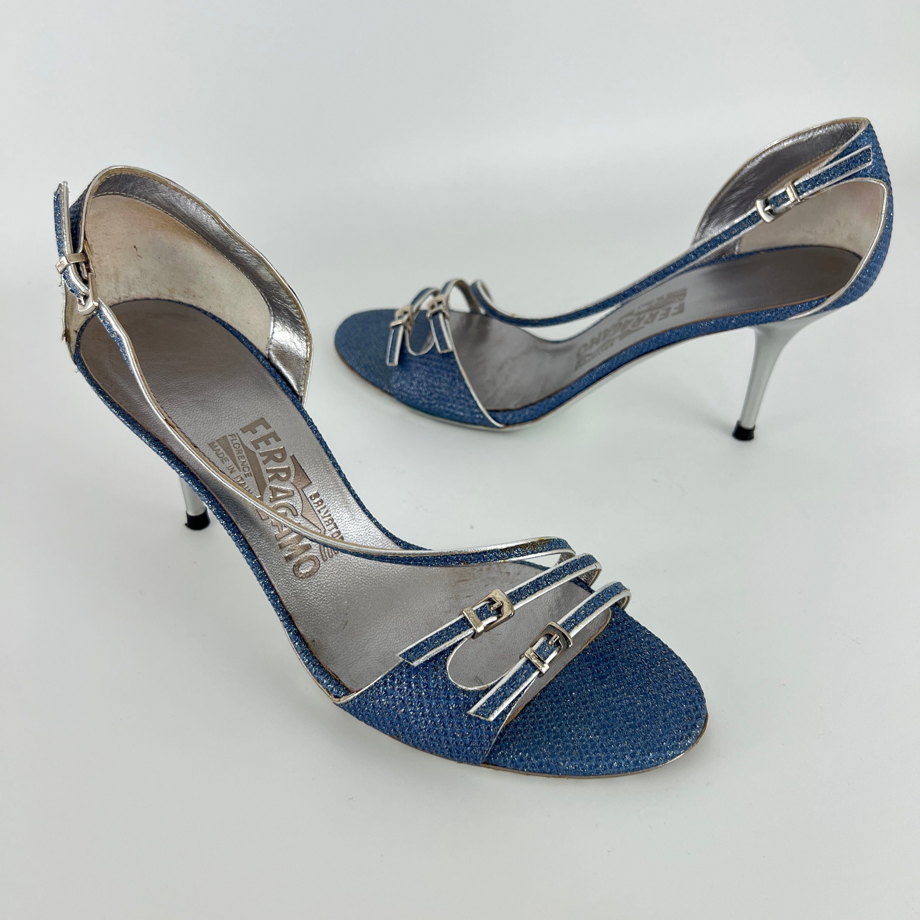 Ferragamo | Blue Silver "Denim" Exotic Leather Dainty Buckles Strappy Heel (7C)