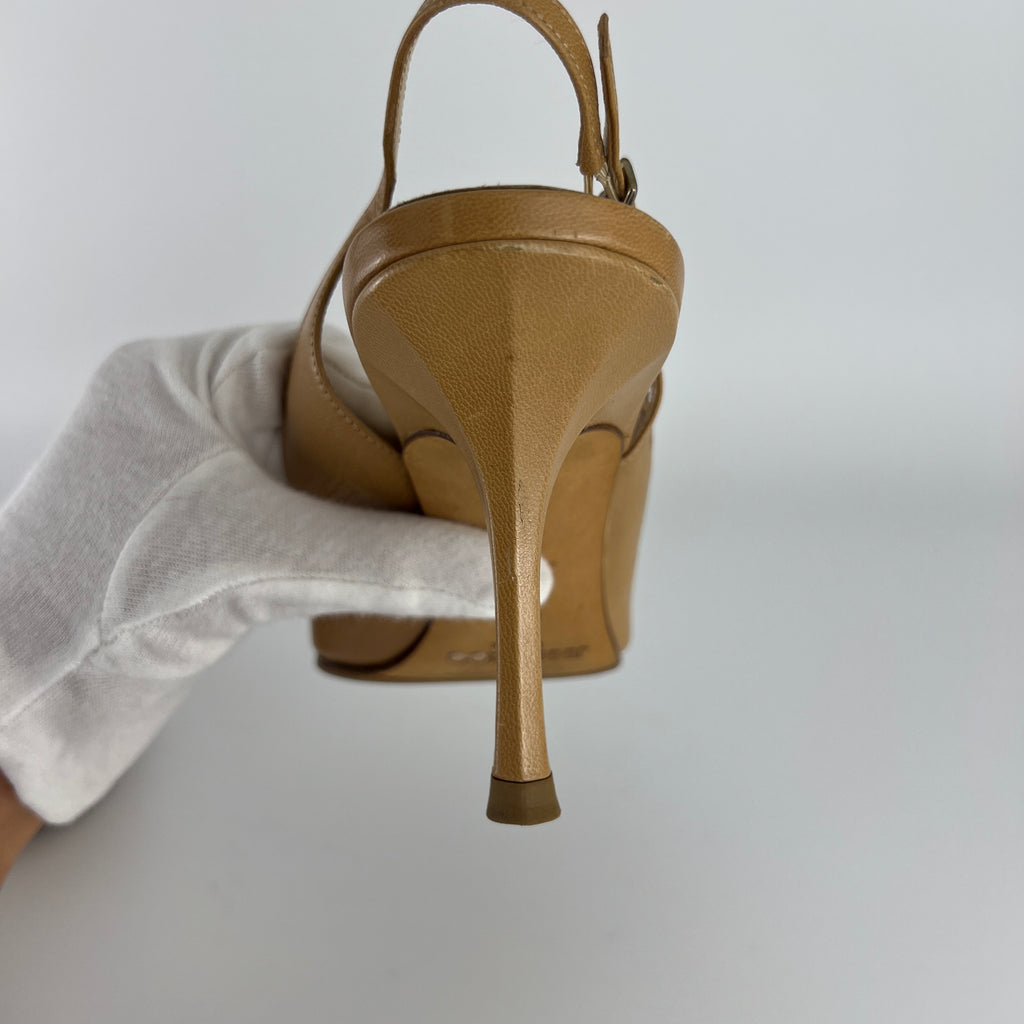 Jimmy Choo | Nude Leather Bow Pointed Toe Slingback Pumps (39)