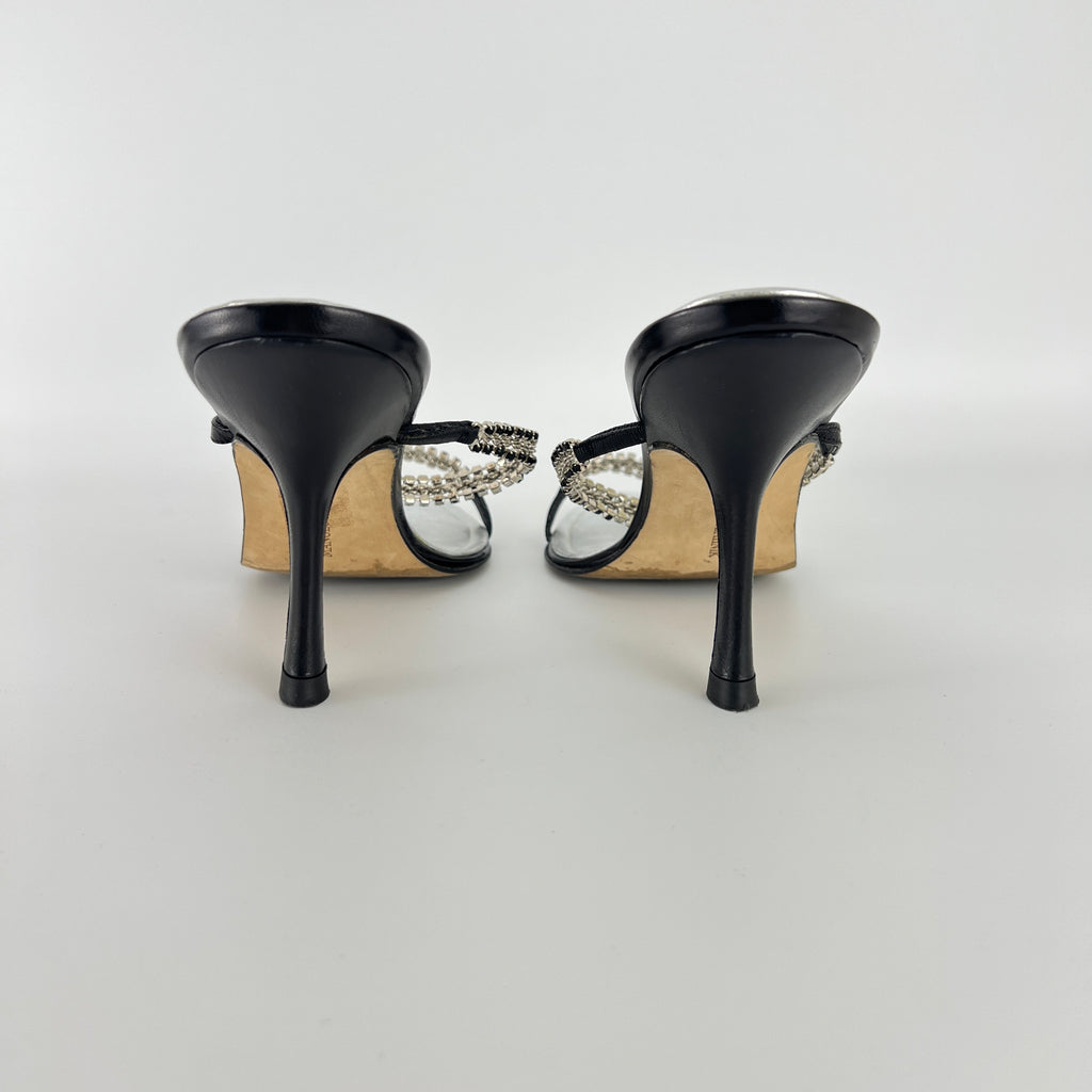 Manolo Blahnik | Black Leather Crystal Embellished Strappy Sandal Heels (38)
