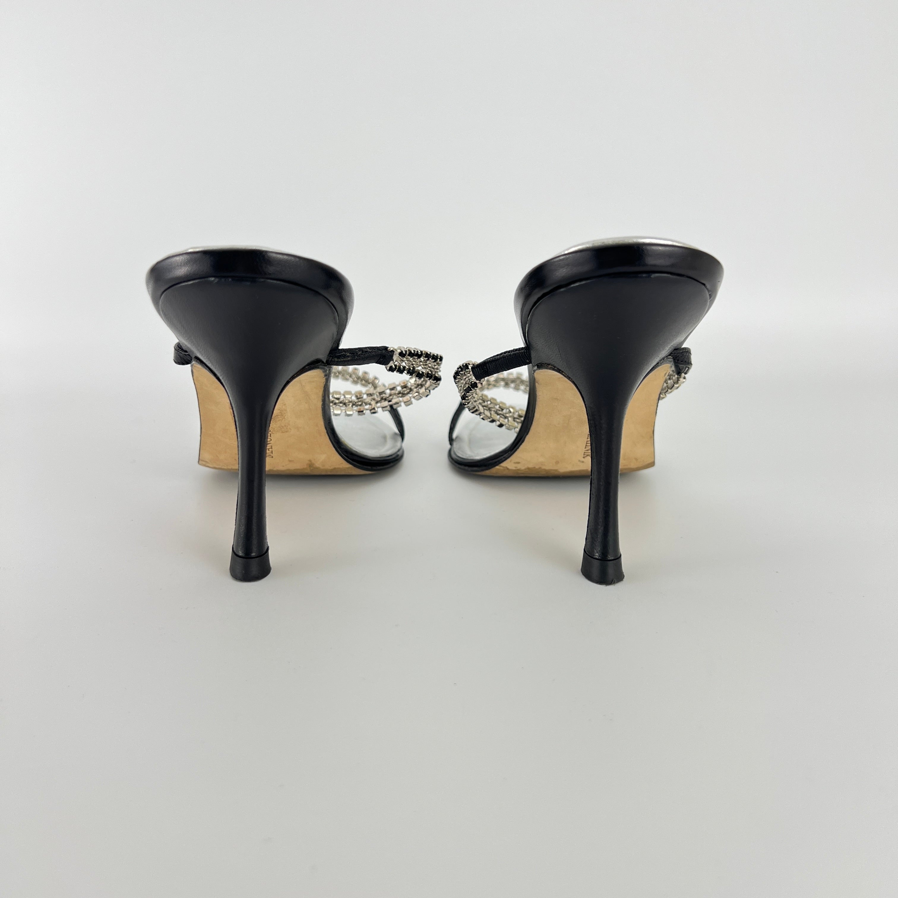 Manolo Blahnik | Black Leather Crystal Embellished Strappy Sandal Heels (38)