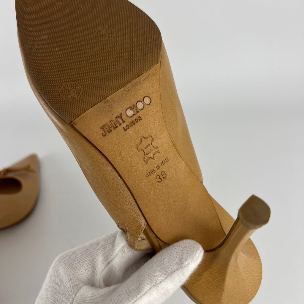 Jimmy Choo | Nude Leather Bow Pointed Toe Slingback Pumps (39)