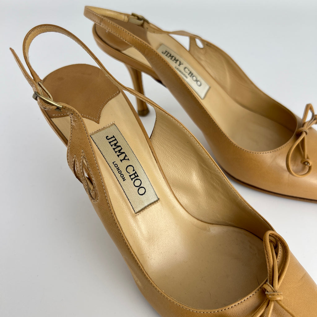 Jimmy Choo | Nude Leather Bow Pointed Toe Slingback Pumps (39)