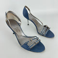 Ferragamo | Blue Silver "Denim" Exotic Leather Dainty Buckles Strappy Heel (7C)
