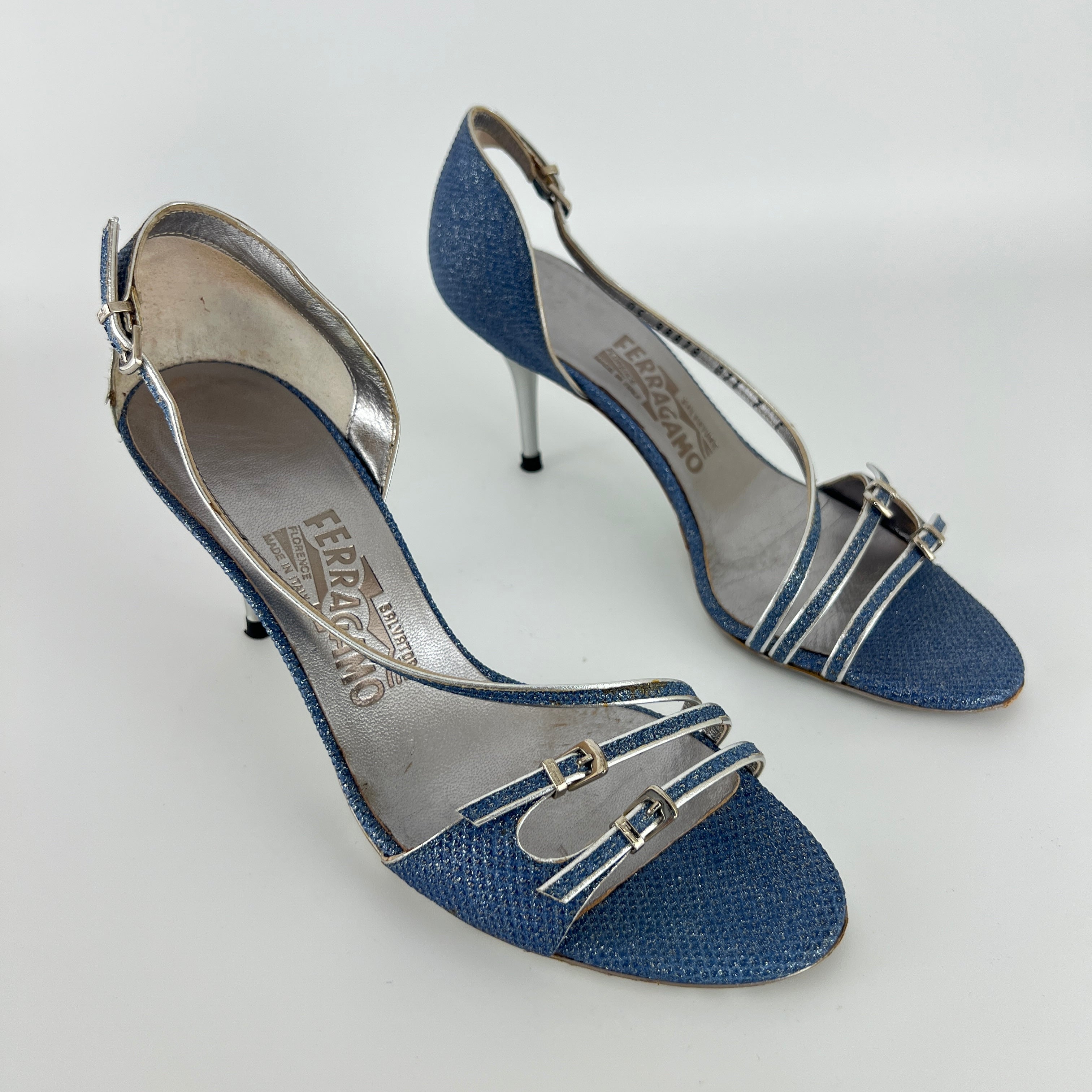 Ferragamo | Blue Silver "Denim" Exotic Leather Dainty Buckles Strappy Heel (7C)