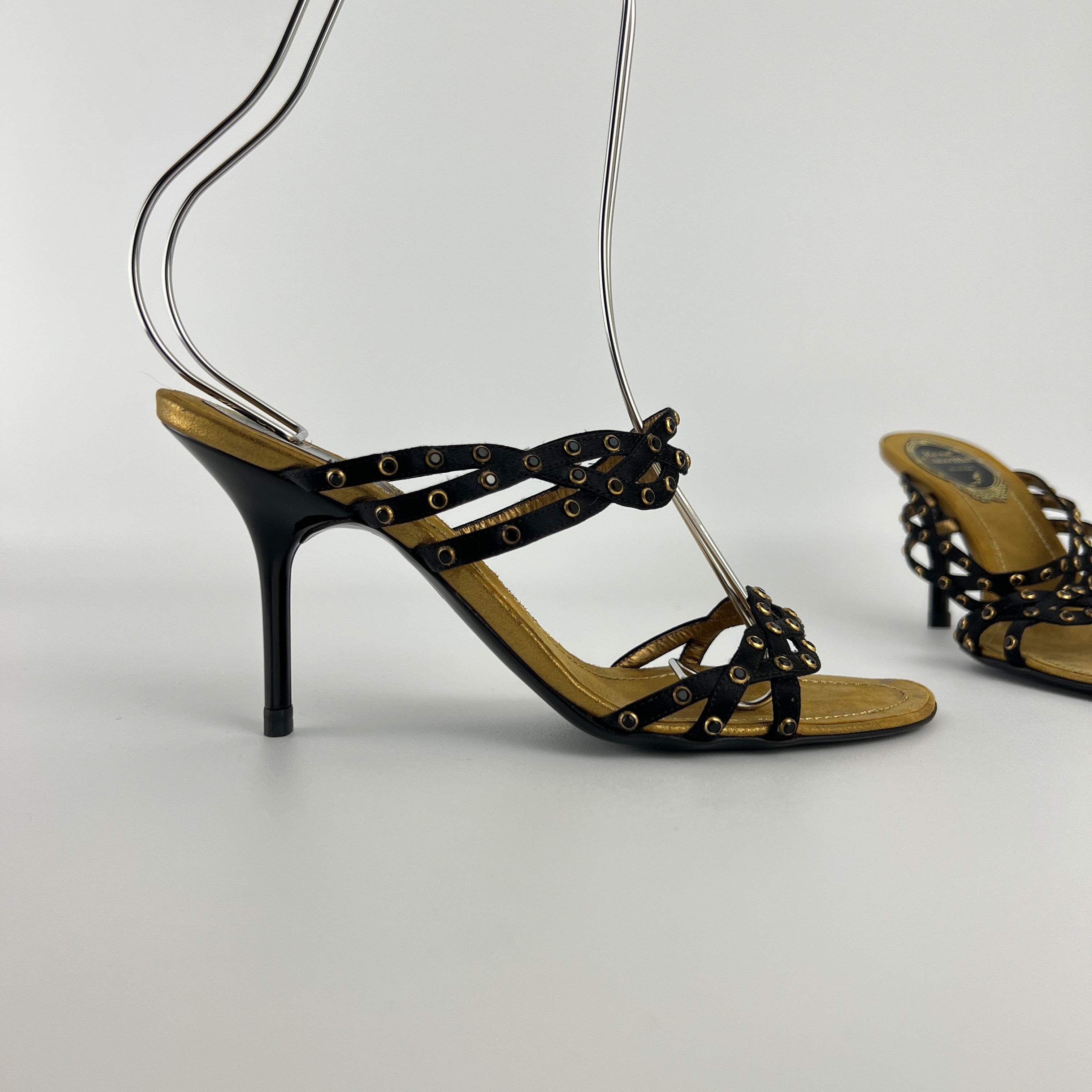 Rene Caovilla | Vintage Black Leather Rhinestone Strappy Sandal Mule (36)