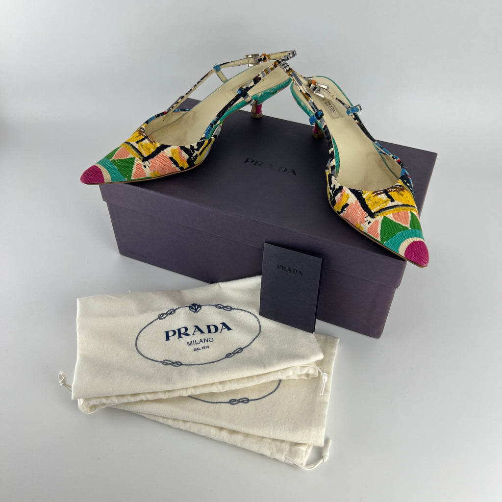 Prada | Vintage Venezia Print Canapa Pointed Toe Kitten Heel Slingback (35.5)