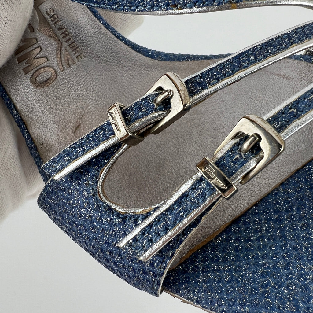 Ferragamo | Blue Silver "Denim" Exotic Leather Dainty Buckles Strappy Heel (7C)