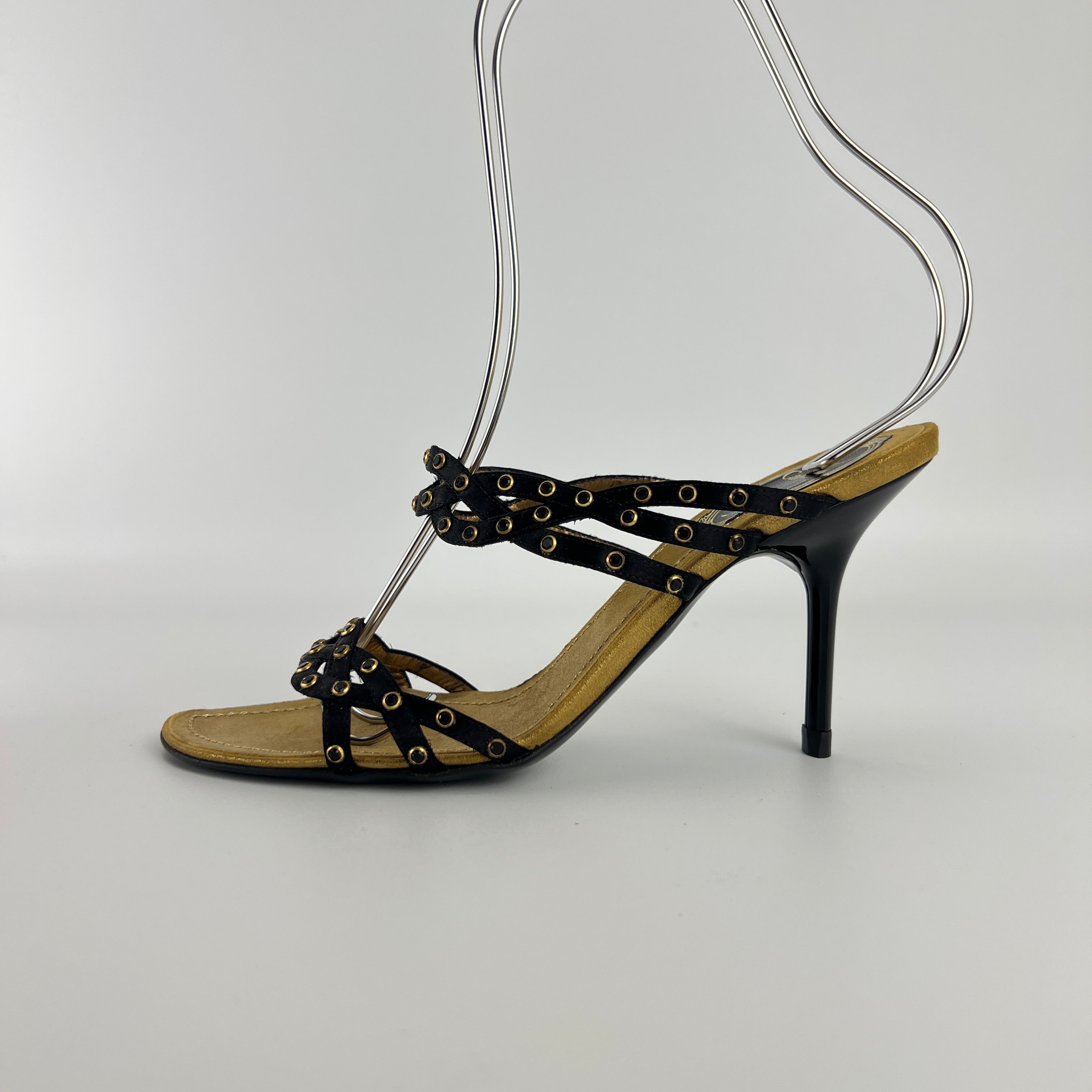 Rene Caovilla | Vintage Black Leather Rhinestone Strappy Sandal Mule (36)