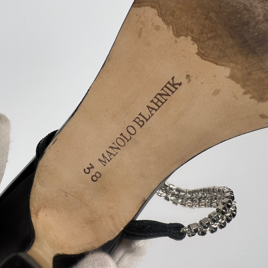 Manolo Blahnik | Black Leather Crystal Embellished Strappy Sandal Heels (38)