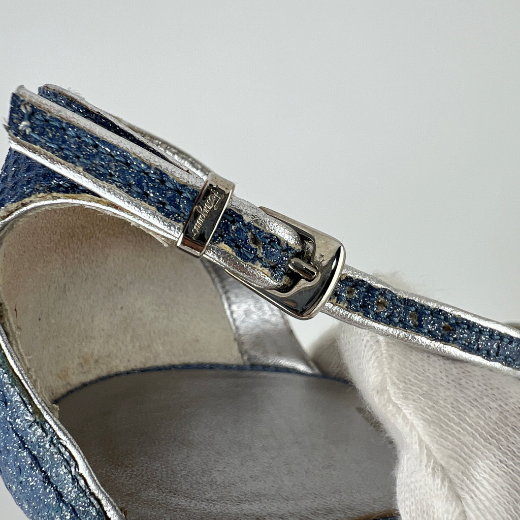 Ferragamo | Blue Silver "Denim" Exotic Leather Dainty Buckles Strappy Heel (7C)