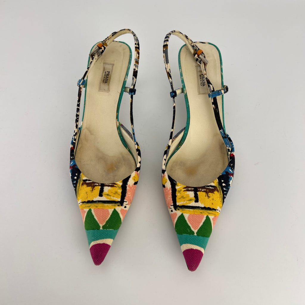 Prada | Vintage Venezia Print Canapa Pointed Toe Kitten Heel Slingback (35.5)