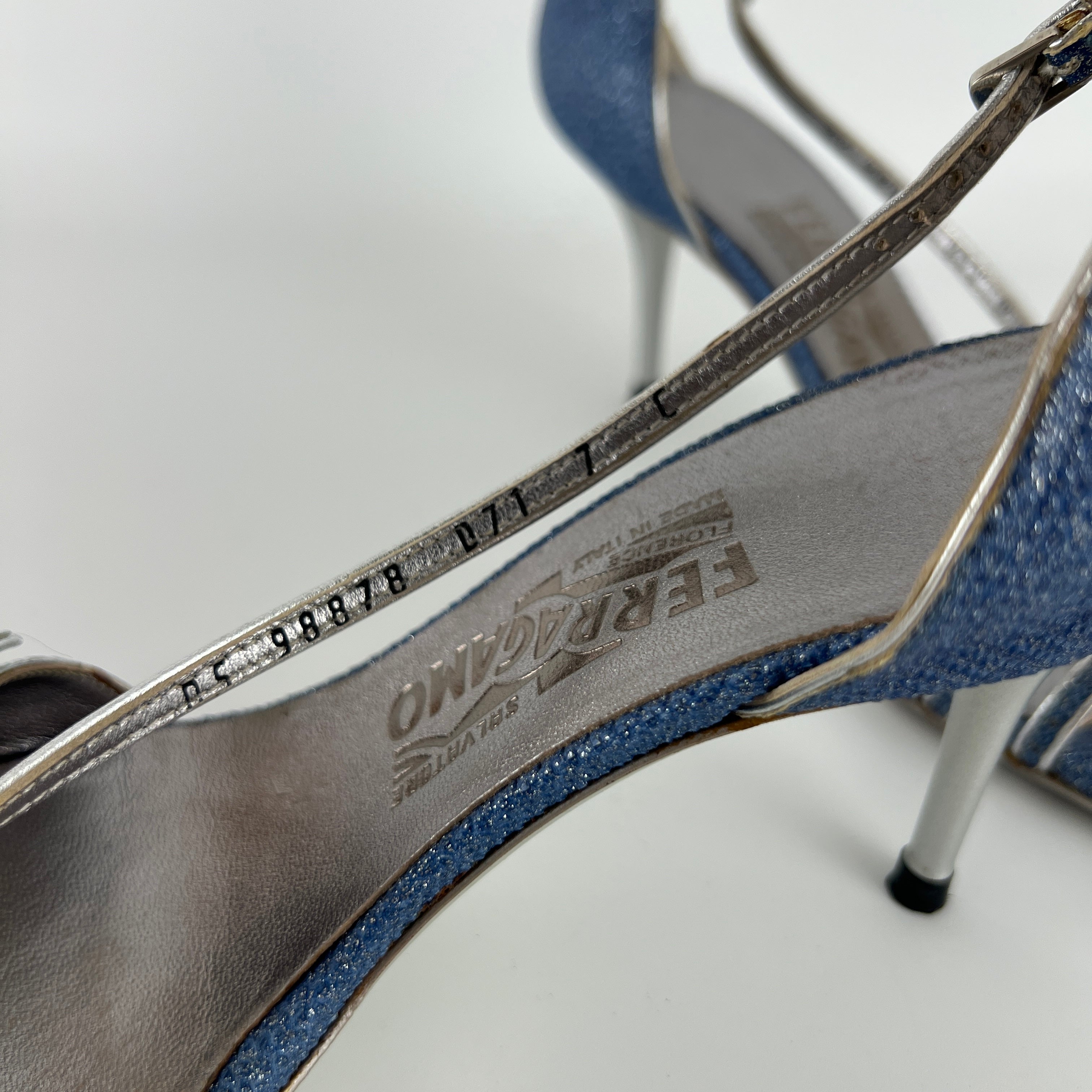 Ferragamo | Blue Silver "Denim" Exotic Leather Dainty Buckles Strappy Heel (7C)