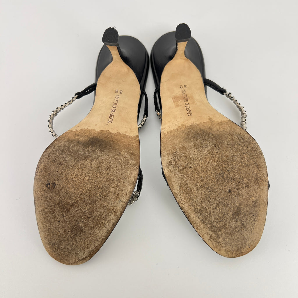 Manolo Blahnik | Black Leather Crystal Embellished Strappy Sandal Heels (38)