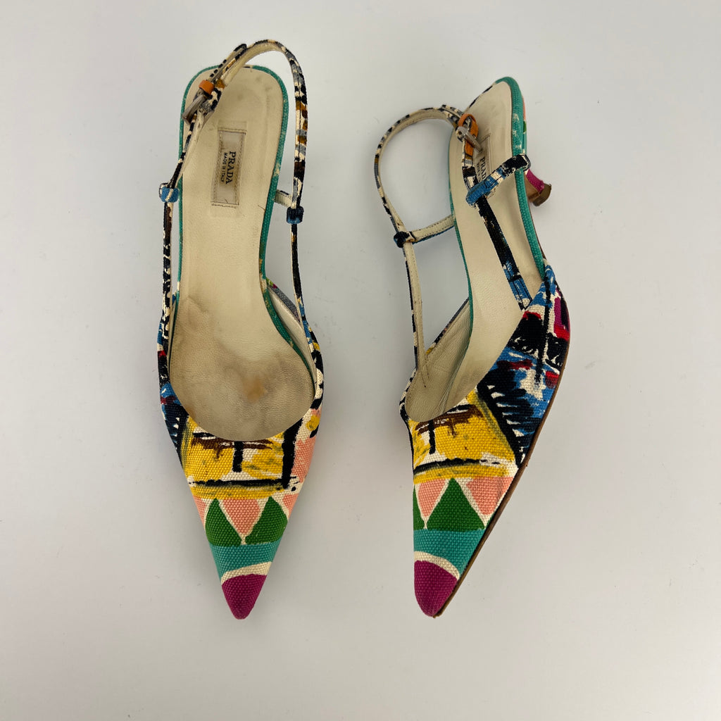 Prada | Vintage Venezia Print Canapa Pointed Toe Kitten Heel Slingback (35.5)