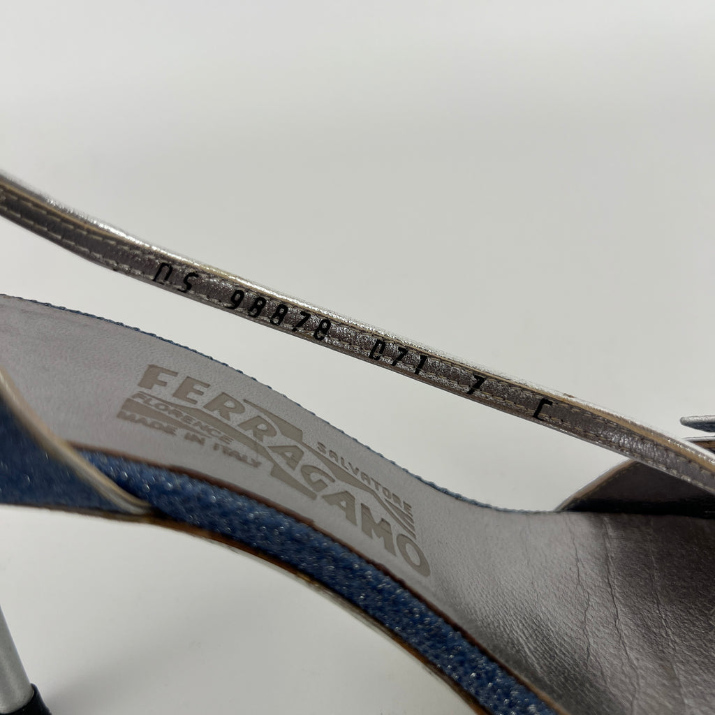 Ferragamo | Blue Silver "Denim" Exotic Leather Dainty Buckles Strappy Heel (7C)