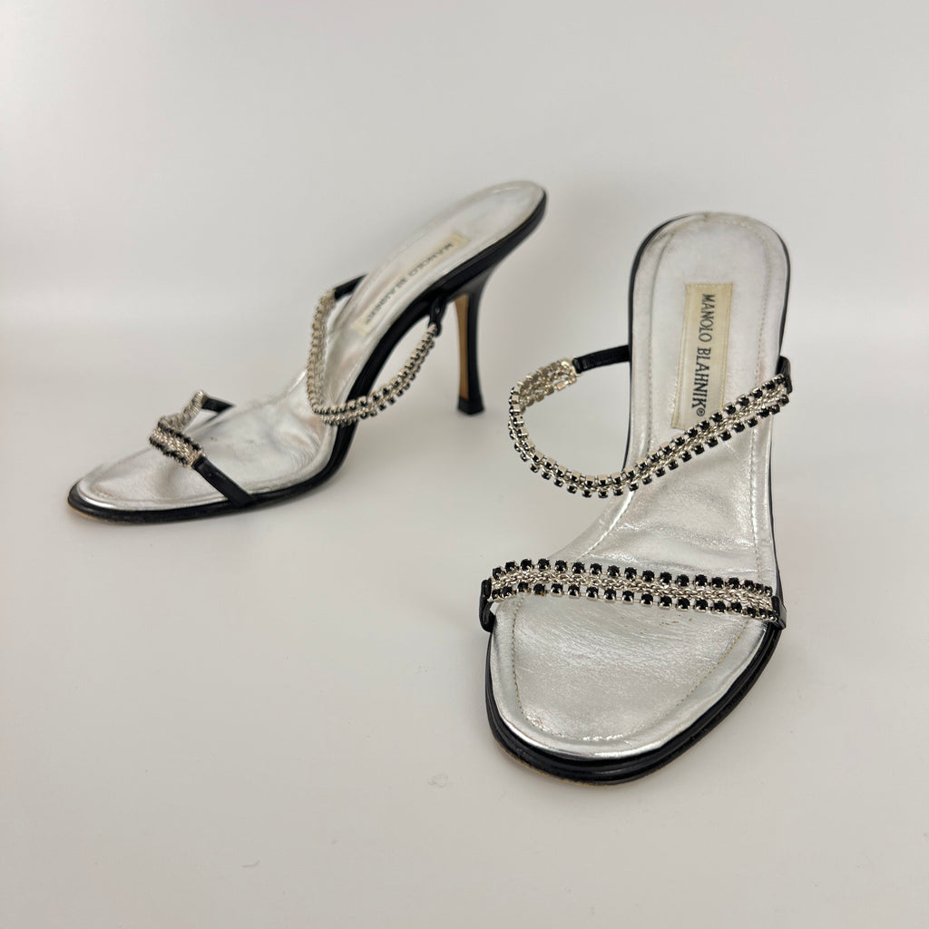 Manolo Blahnik | Black Leather Crystal Embellished Strappy Sandal Heels (38)