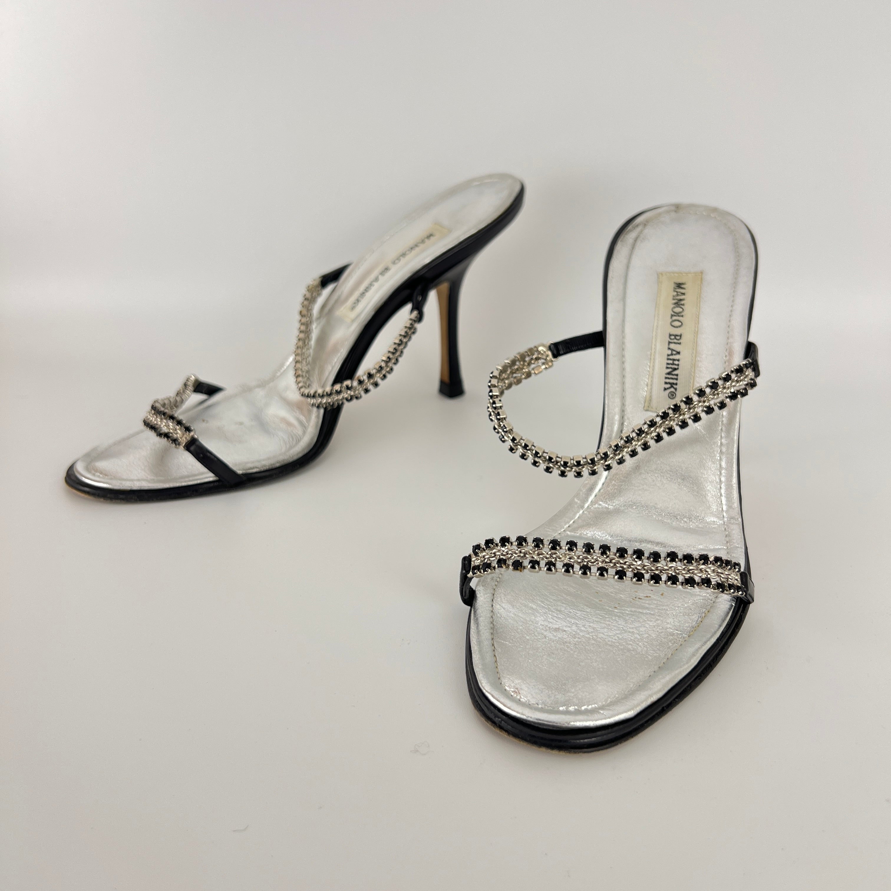Manolo Blahnik | Black Leather Crystal Embellished Strappy Sandal Heels (38)