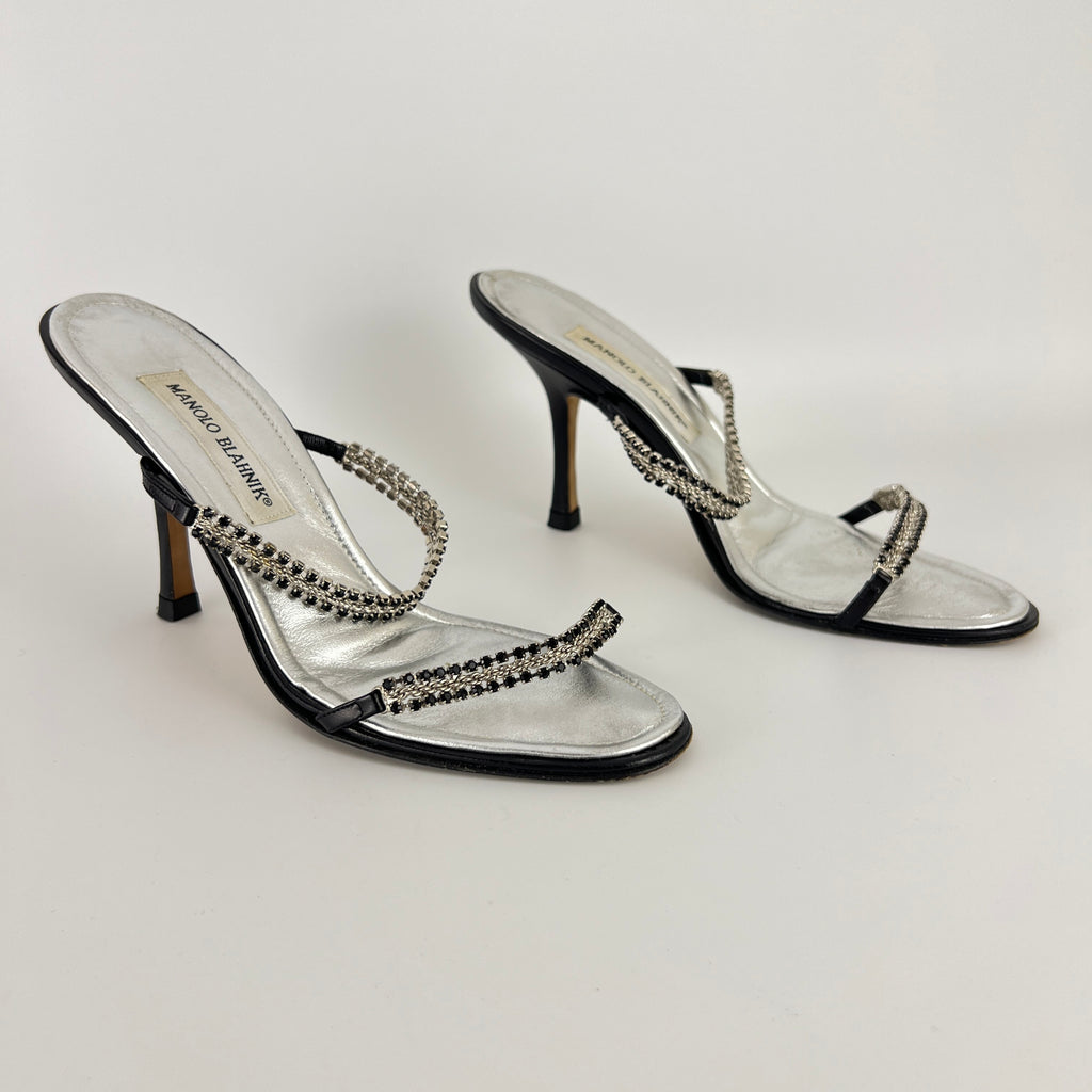 Manolo Blahnik | Black Leather Crystal Embellished Strappy Sandal Heels (38)