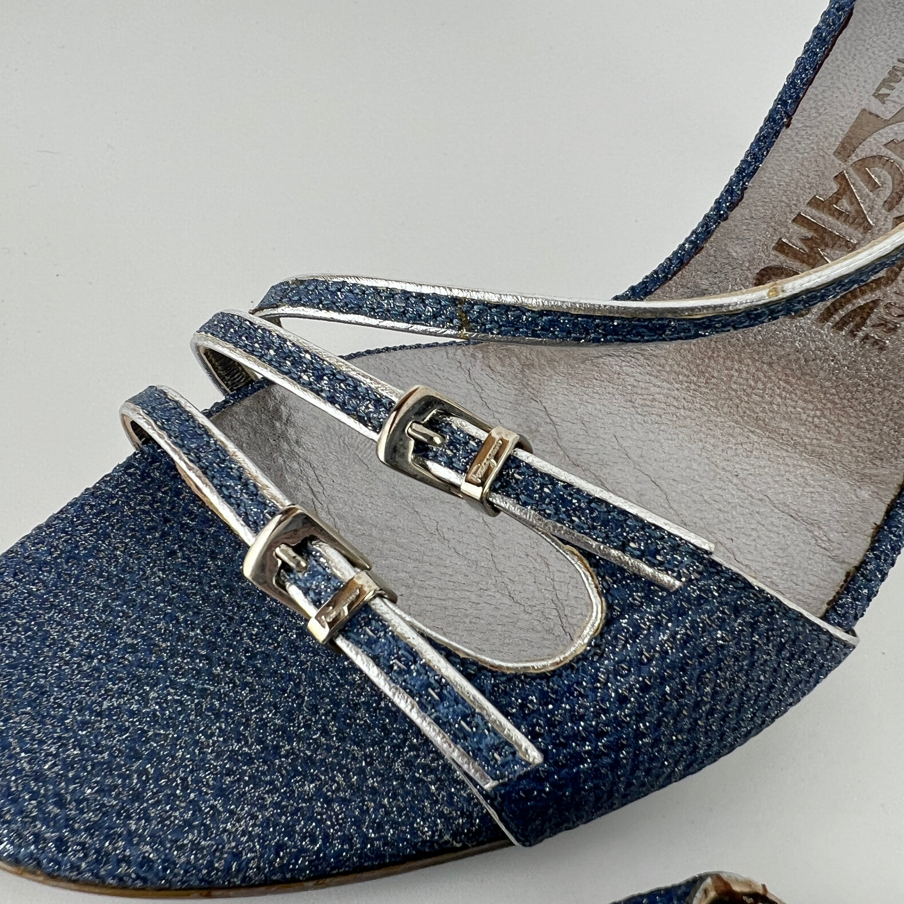 Ferragamo | Blue Silver "Denim" Exotic Leather Dainty Buckles Strappy Heel (7C)
