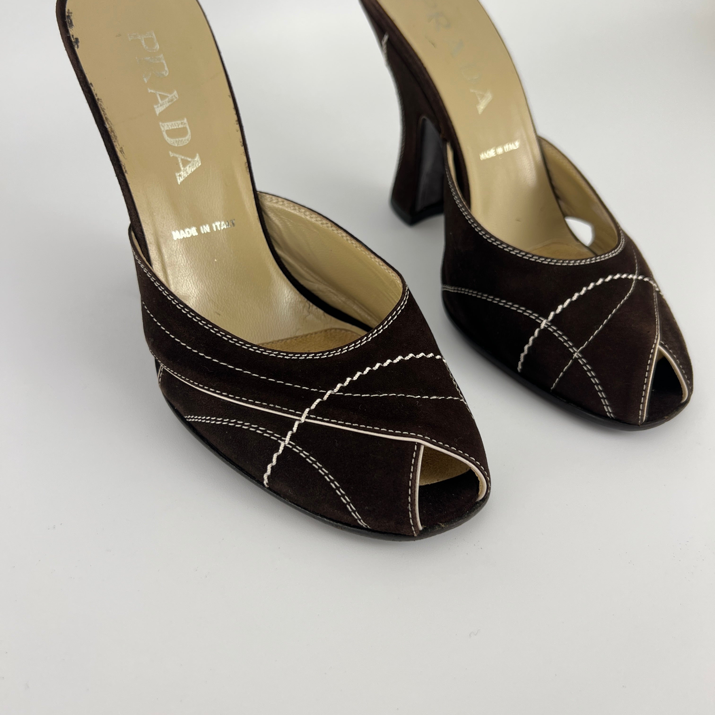 Prada | Vintage Brown Suede Leather White Stitching Sandal Mules (37)