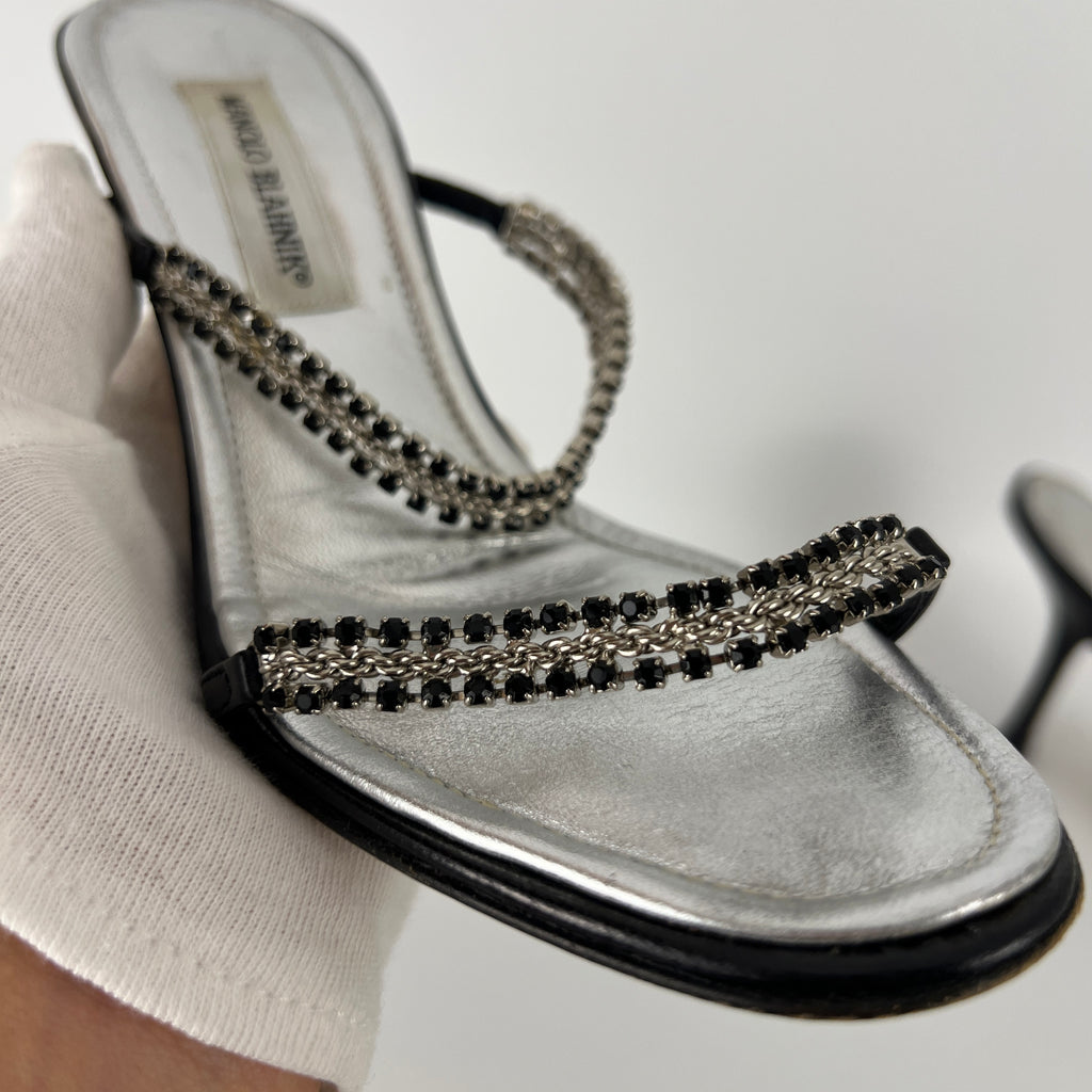 Manolo Blahnik | Black Leather Crystal Embellished Strappy Sandal Heels (38)